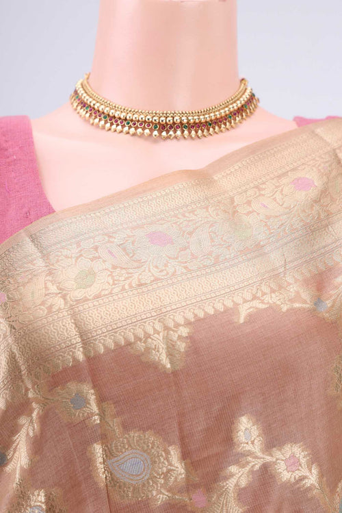 Border image of Beige Banarasi Tussar Silk Saree with Zari Brocade on the body and Zari And Thread Border. 
