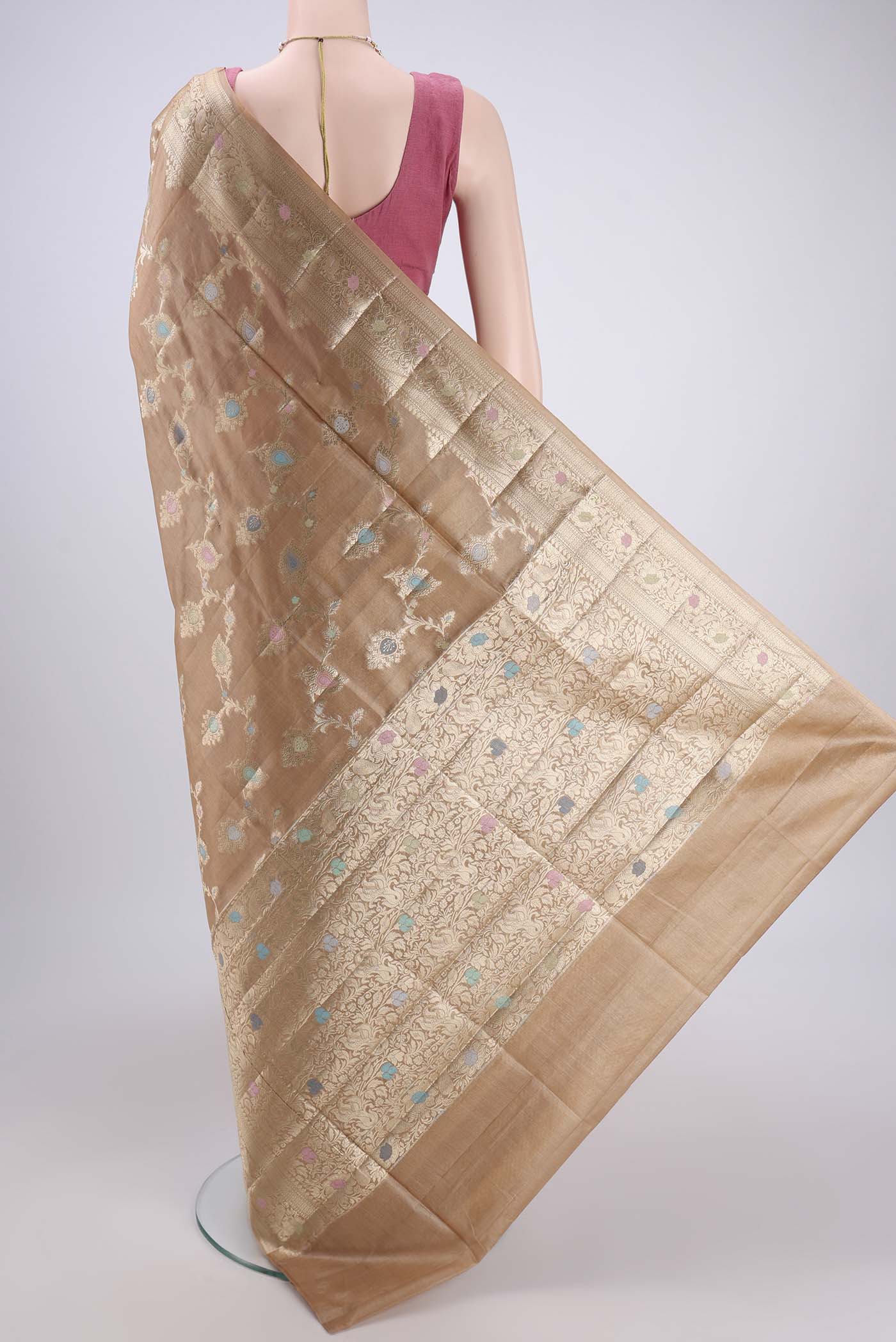 Flat view of Beige Banarasi Tussar Silk Saree with Zari Brocade on the body and Zari And Thread Border. 