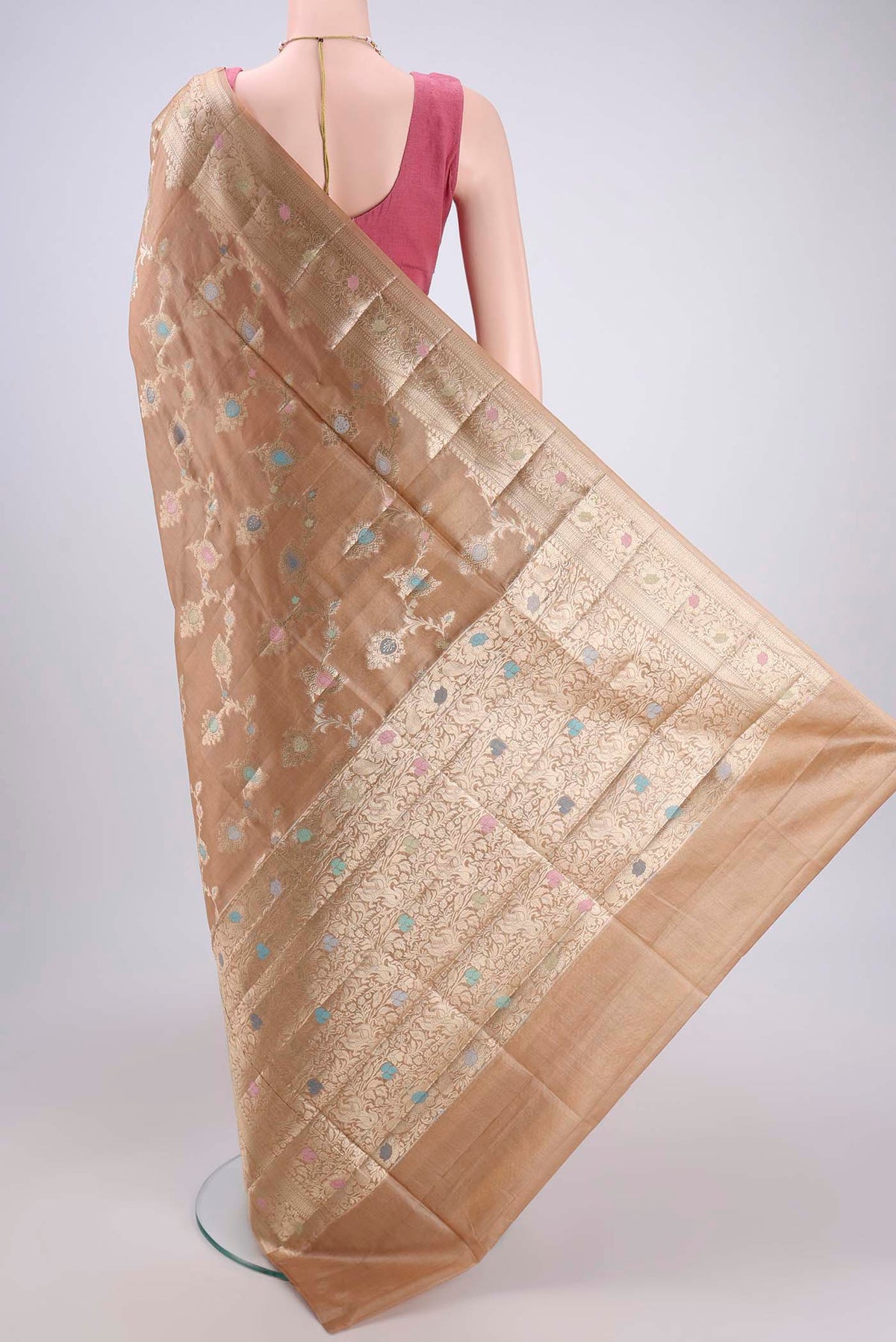 Flat view of Beige Banarasi Tussar Silk Saree with Zari Brocade on the body and Zari And Thread Border. 