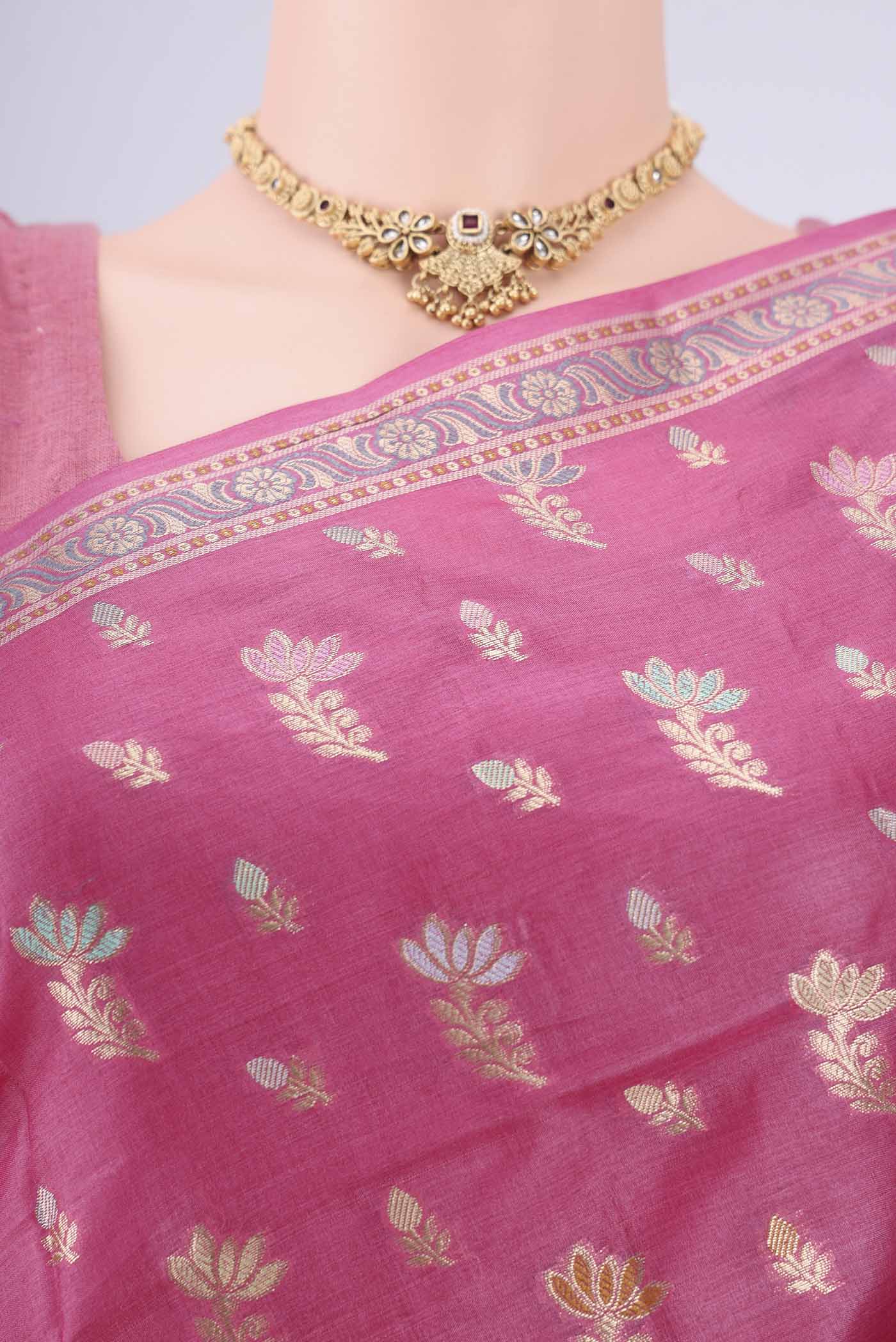 Border image of Pink Banarasi Tussar Silk Saree with Zari And Thread Butta on the body and Zari And Thread Border. 