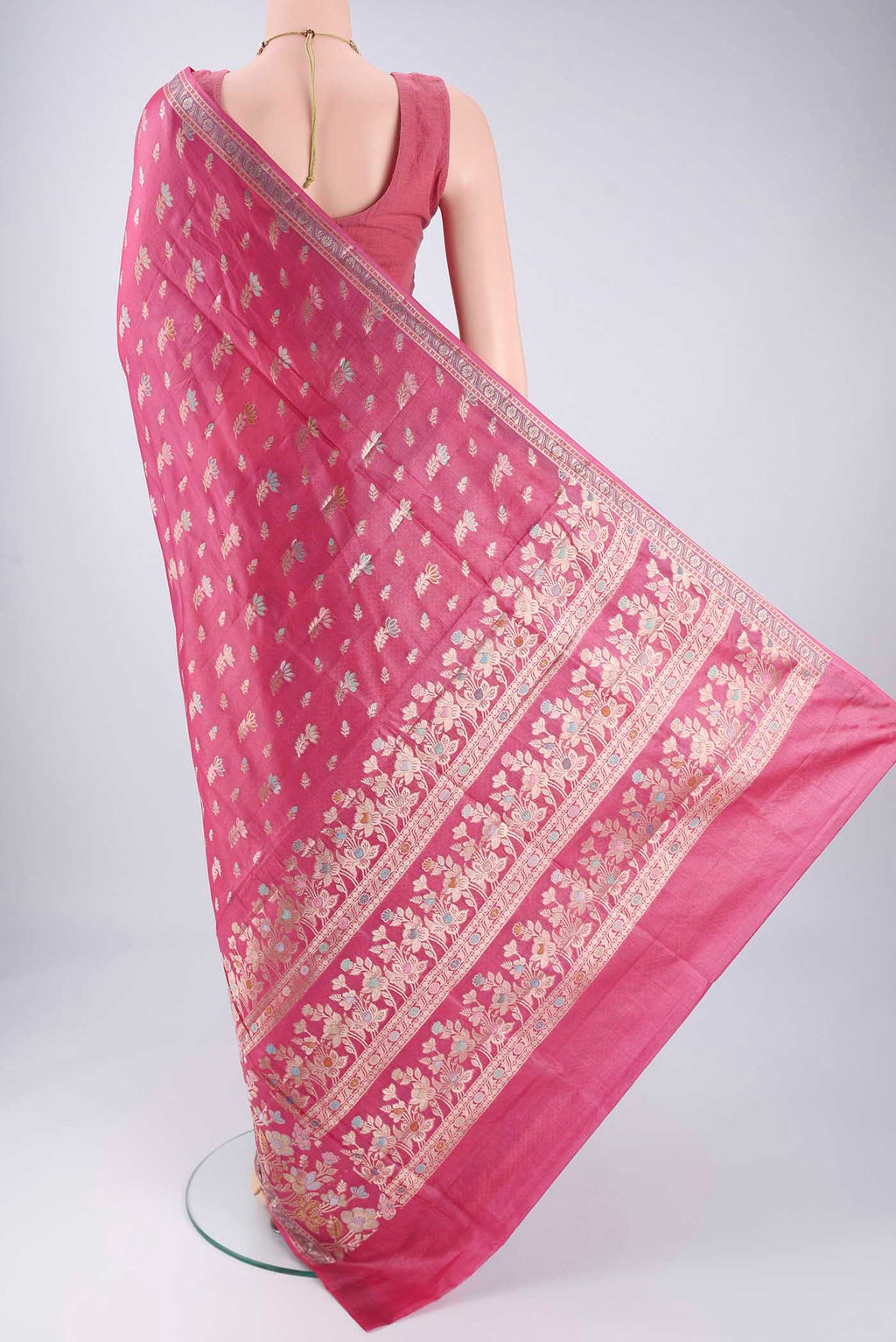 Flat view of Pink Banarasi Tussar Silk Saree with Zari And Thread Butta on the body and Zari And Thread Border. 