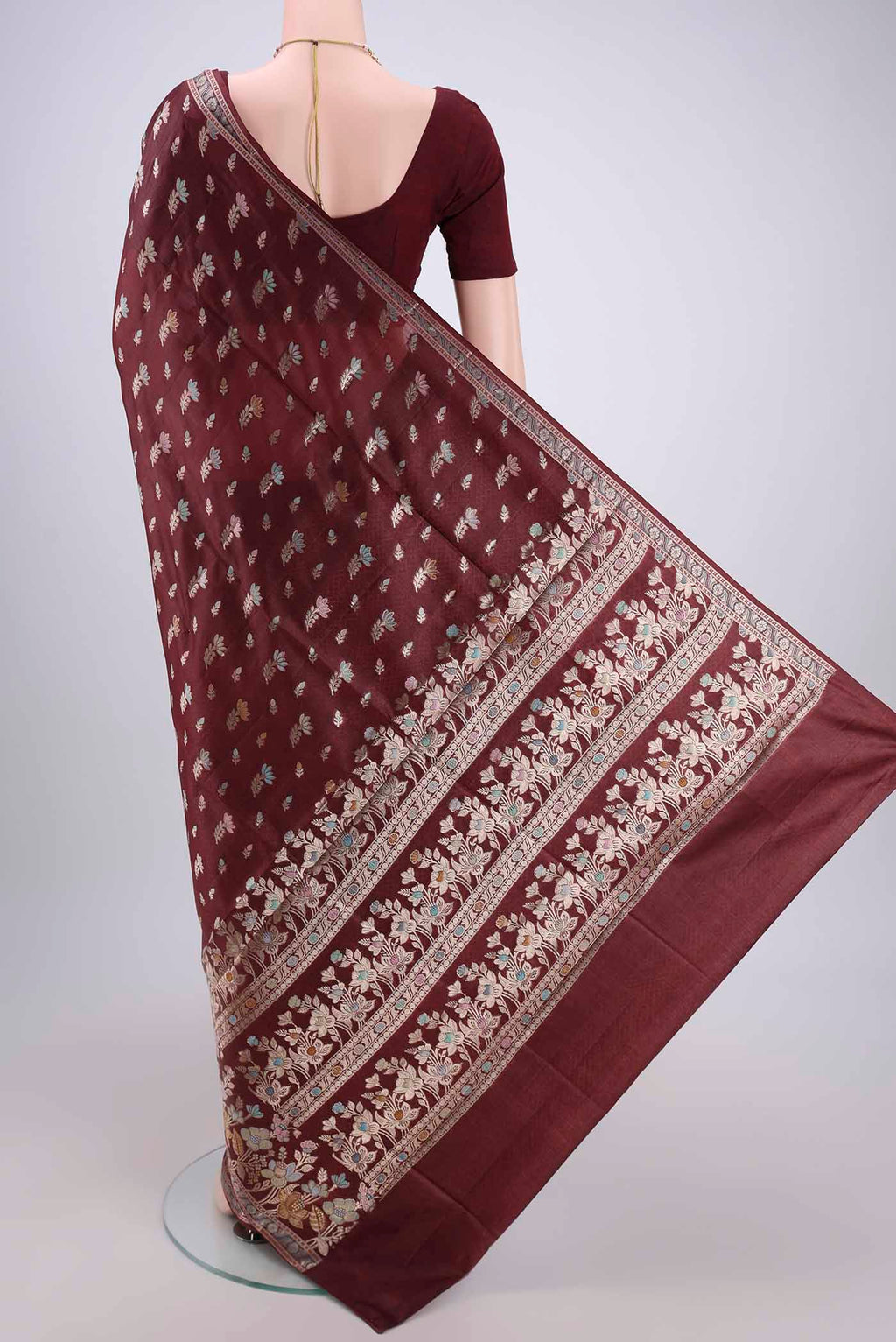Flat view of Brown Banarasi Raw Silk Saree with Zari And Thread Butta on the body and Zari And Thread Border. 