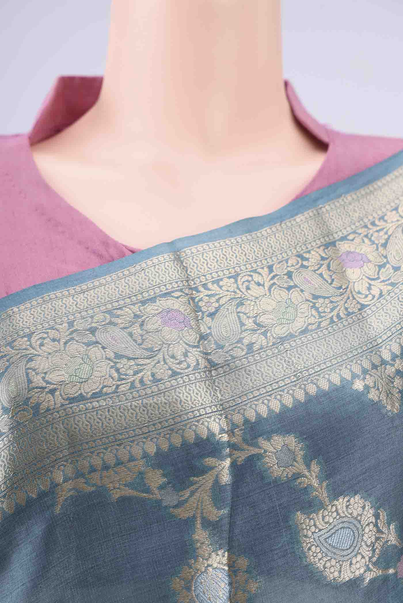 Border image of Maya Blue Banarasi Tussar Silk Saree with Zari Brocade on the body and Zari And Thread Border. 