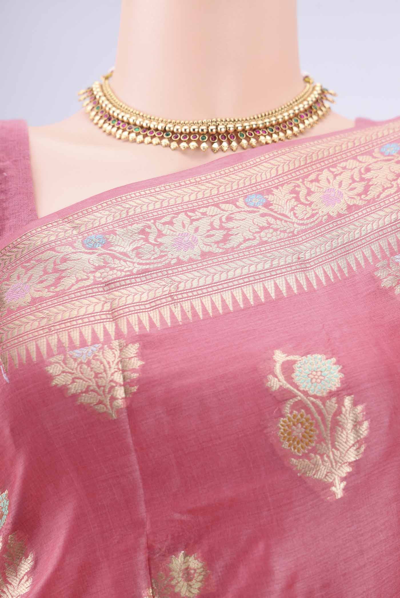 Border image of Pink Banarasi Tussar Silk Saree with Zari And Thread Butta on the body and Zari And Thread Border. 