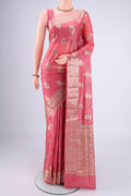 Pink Banarasi Tussar Silk Saree with Zari And Thread Butta on the body and Zari And Thread Border.  displayed on a mannequin