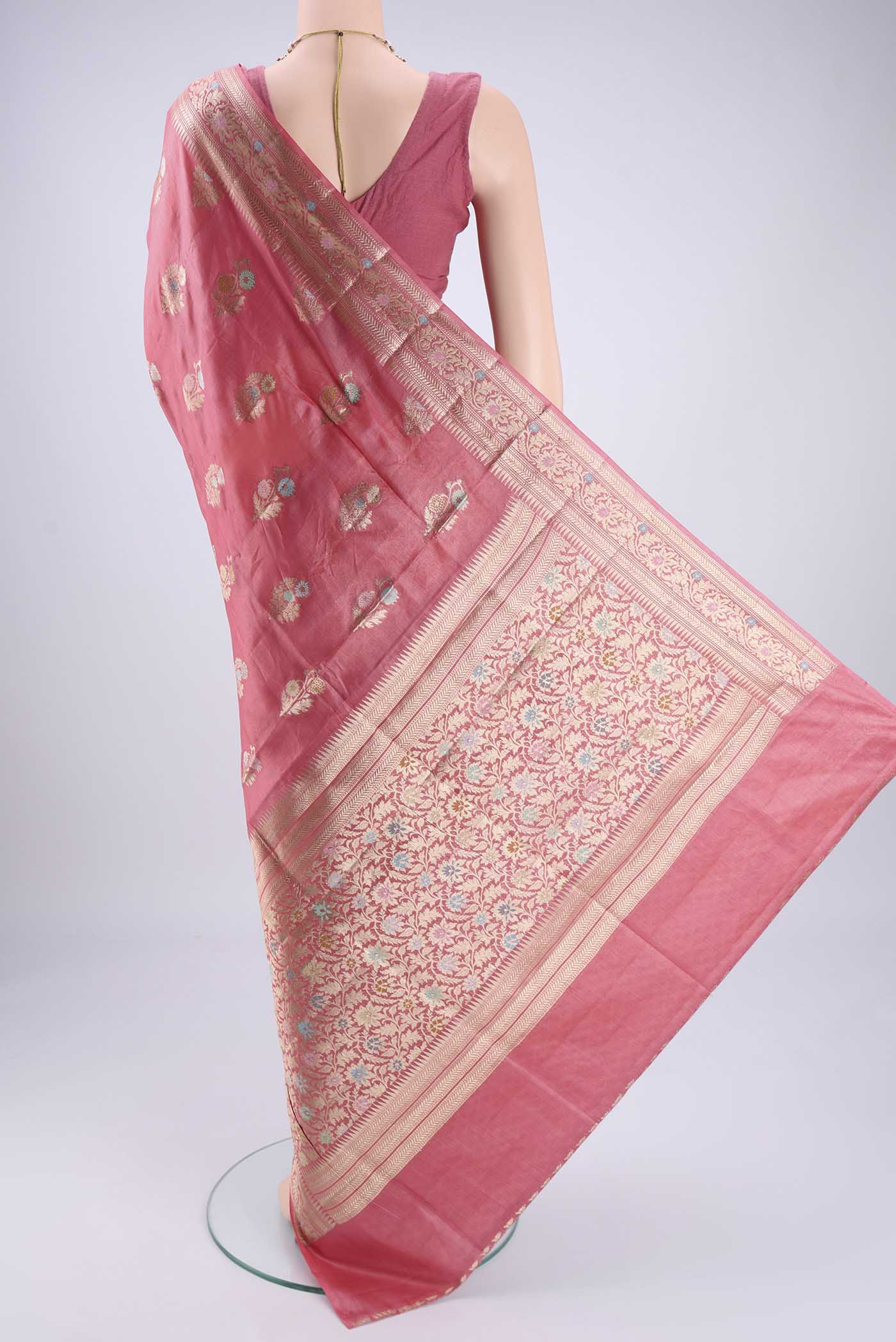 Flat view of Pink Banarasi Tussar Silk Saree with Zari And Thread Butta on the body and Zari And Thread Border. 