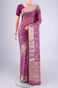 Light Magenta Banarasi Tussar Silk Saree with Zari And Thread Butta on the body and Zari And Thread Border.  displayed on a mannequin