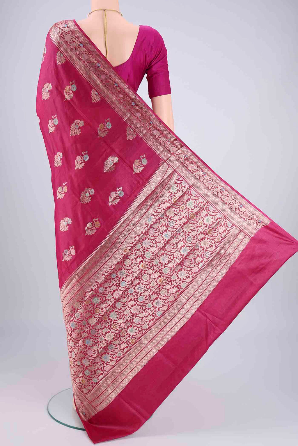 Flat view of Rani Pink Banarasi Tussar Silk Saree with Zari And Thread Butta on the body and Zari And Thread Border. 