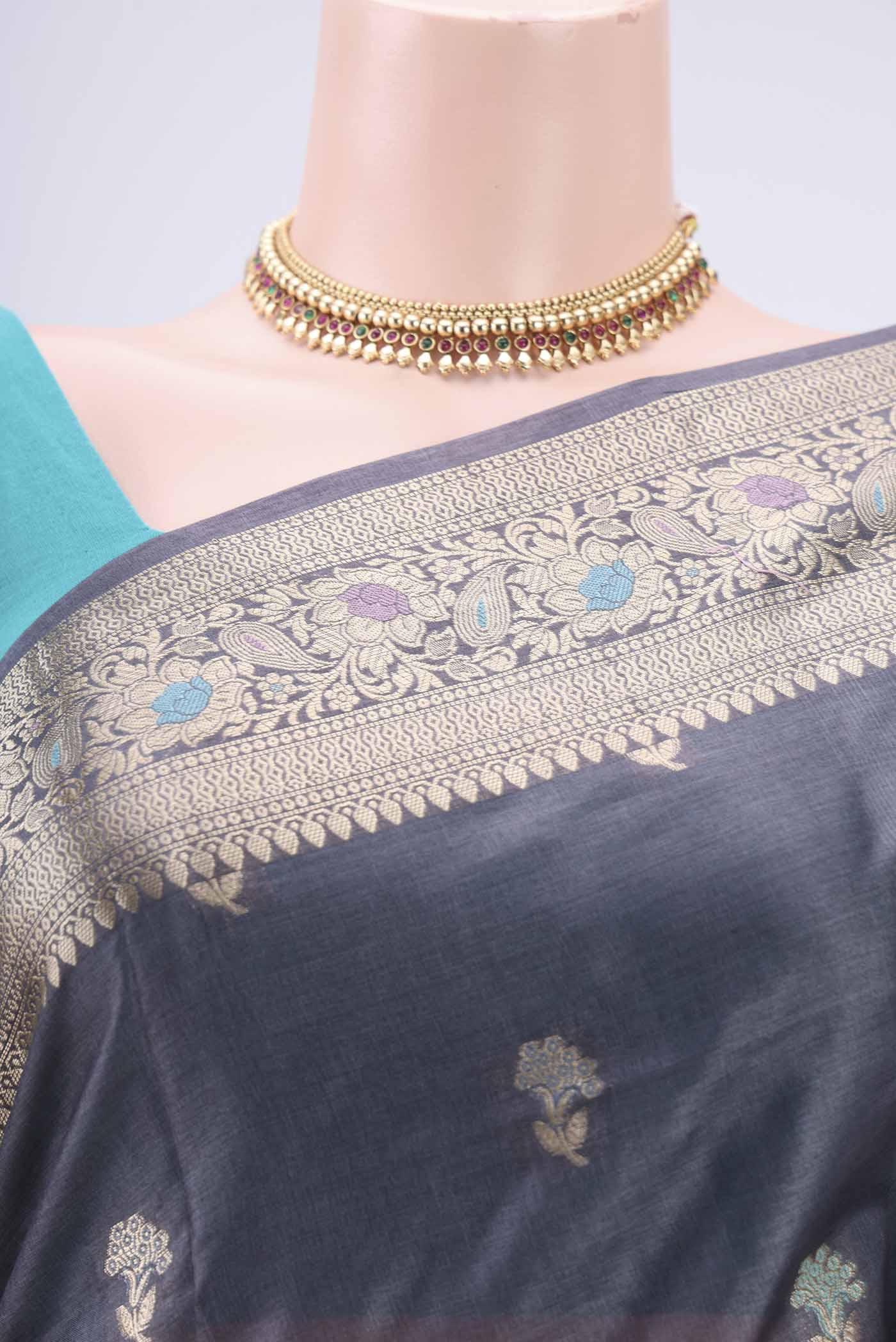 Border image of Davys Grey Banarasi Tussar Silk Saree with Zari And Thread Butta on the body and Zari And Thread Border. 