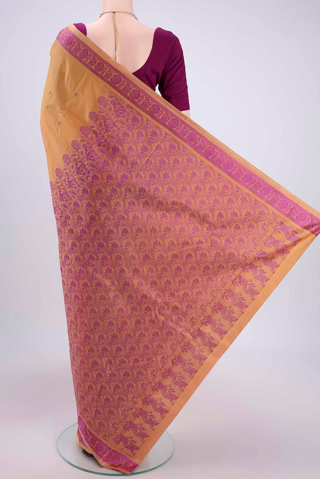 Flat view of Sandal Kanchipuram Silk Saree with Thread Butta on the body and Thread Border. 