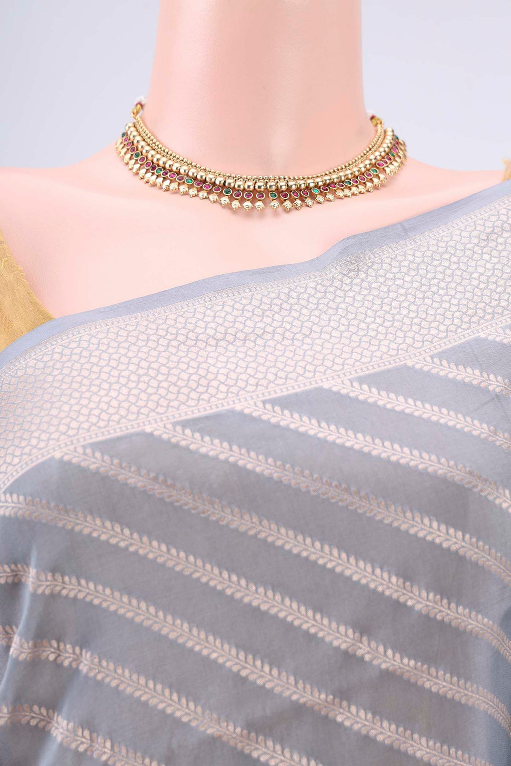 Border image of Blue Grey Banarasi Silk Saree with Stripes on the body and Zari Border. 