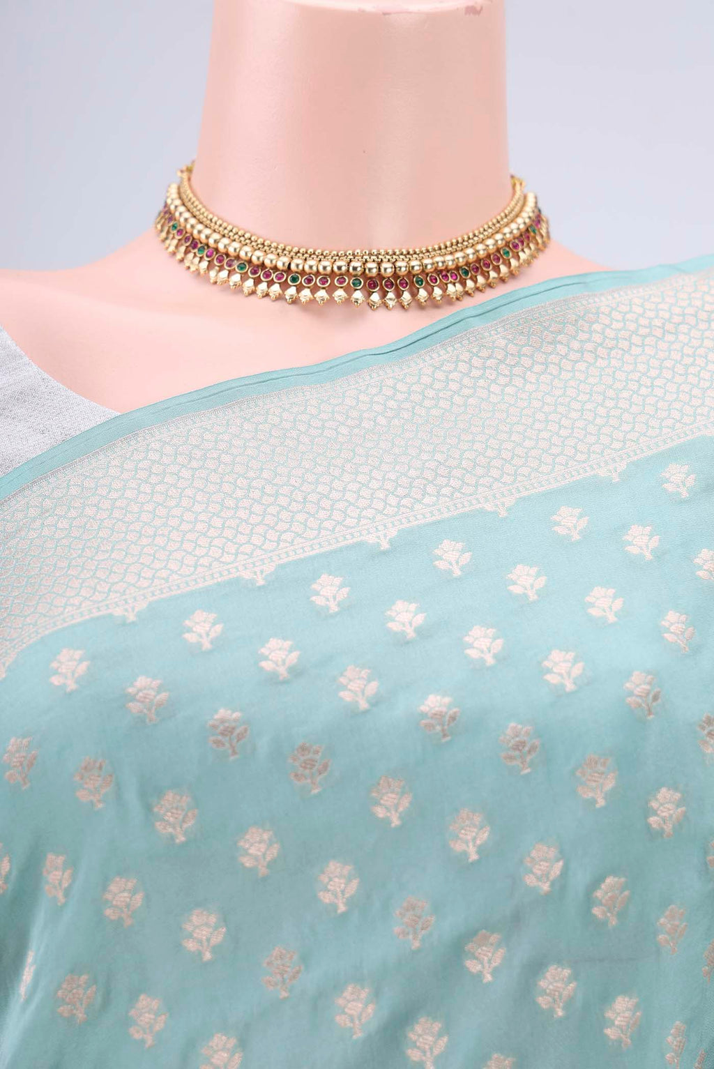 Border image of Sky Blue Banarasi Silk Saree with Zari Butta on the body and Zari Border. 