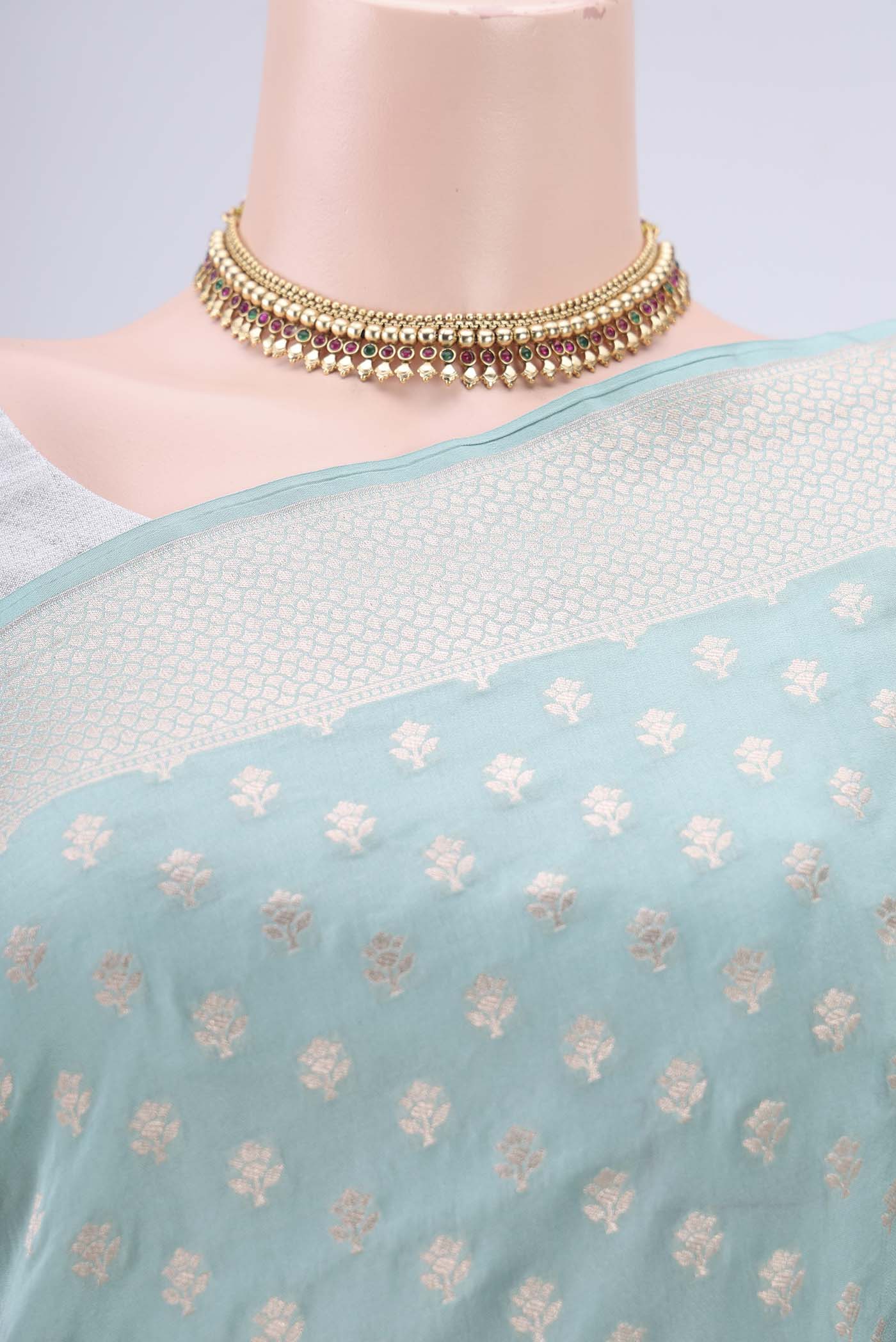 Border image of Sky Blue Banarasi Silk Saree with Zari Butta on the body and Zari Border. 