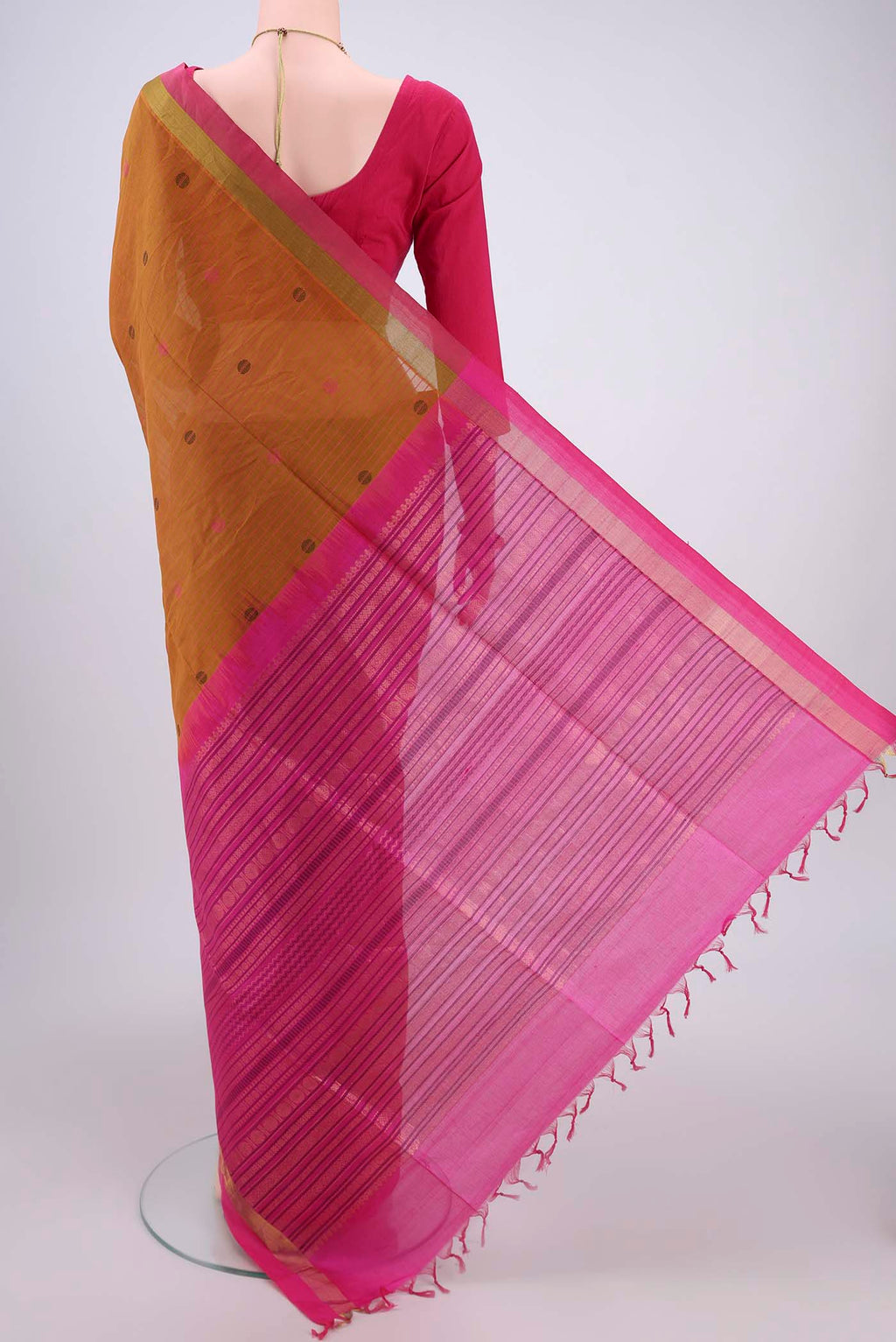 Flat view of Mustard Coimbatore Silk Cotton Saree with Stripes on the body and Plain Border. 