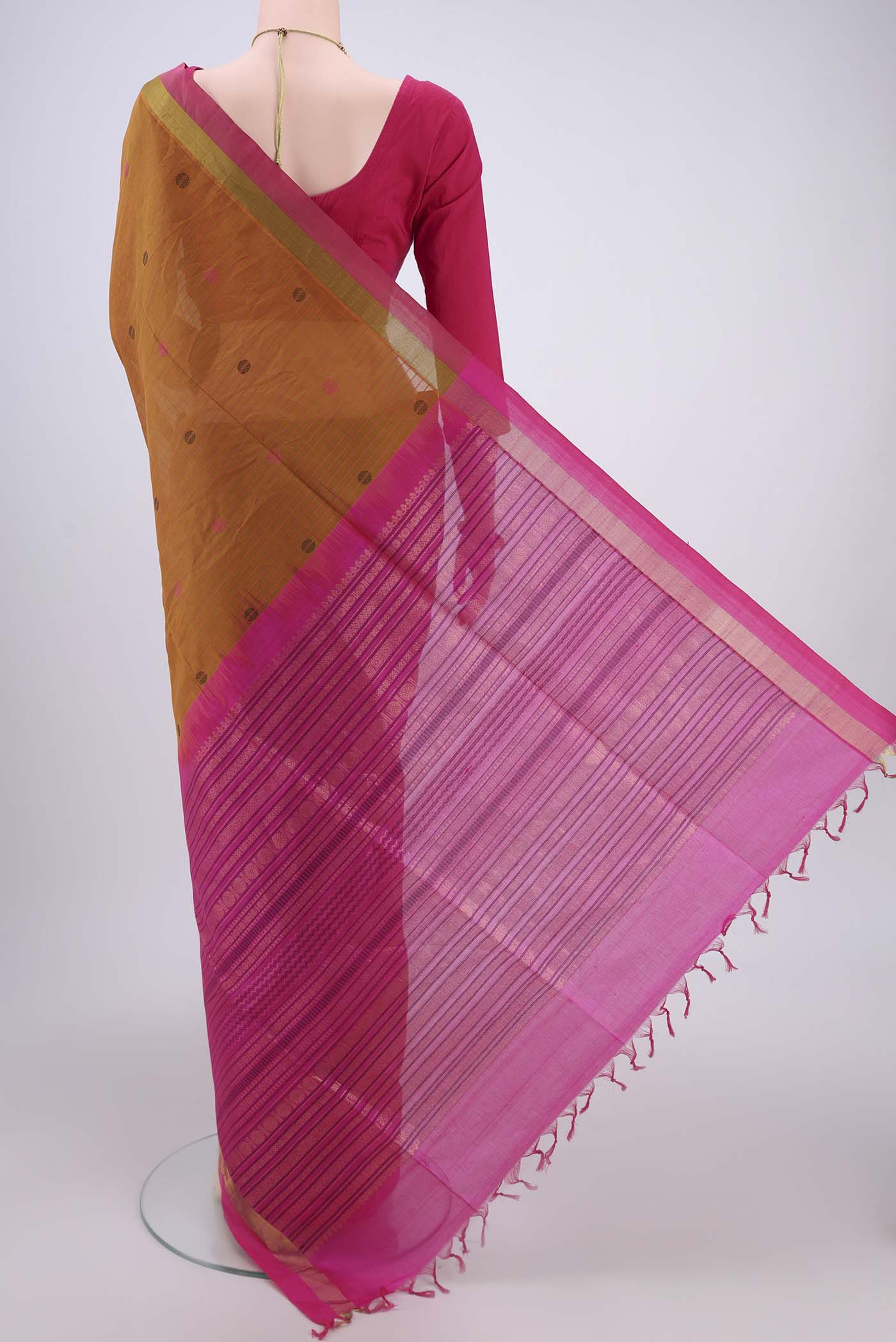 Flat view of Mustard Coimbatore Silk Cotton Saree with Stripes on the body and Plain Border. 