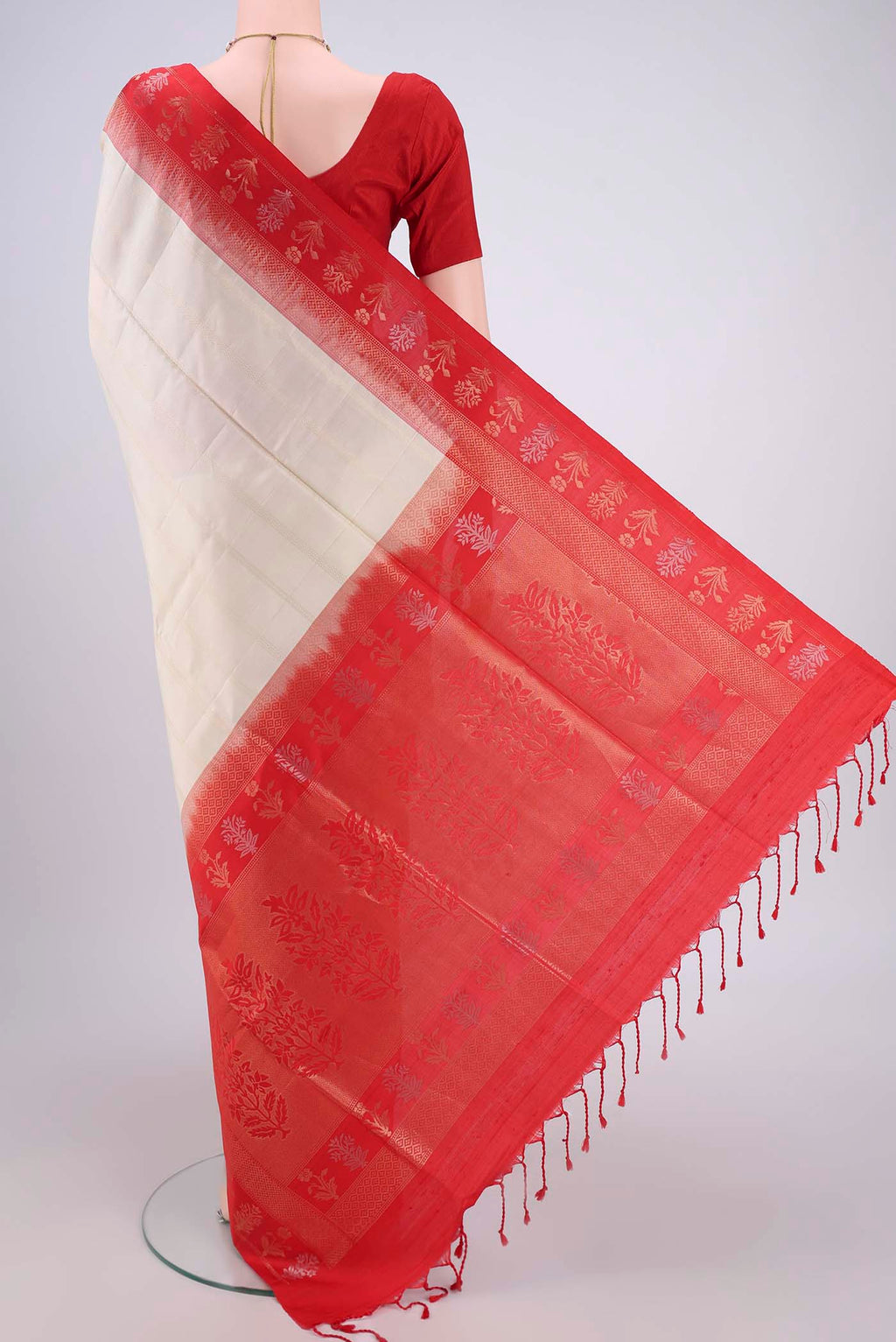 Flat view of Off White Soft Silk Saree with Stripes on the body and Zari Border. 