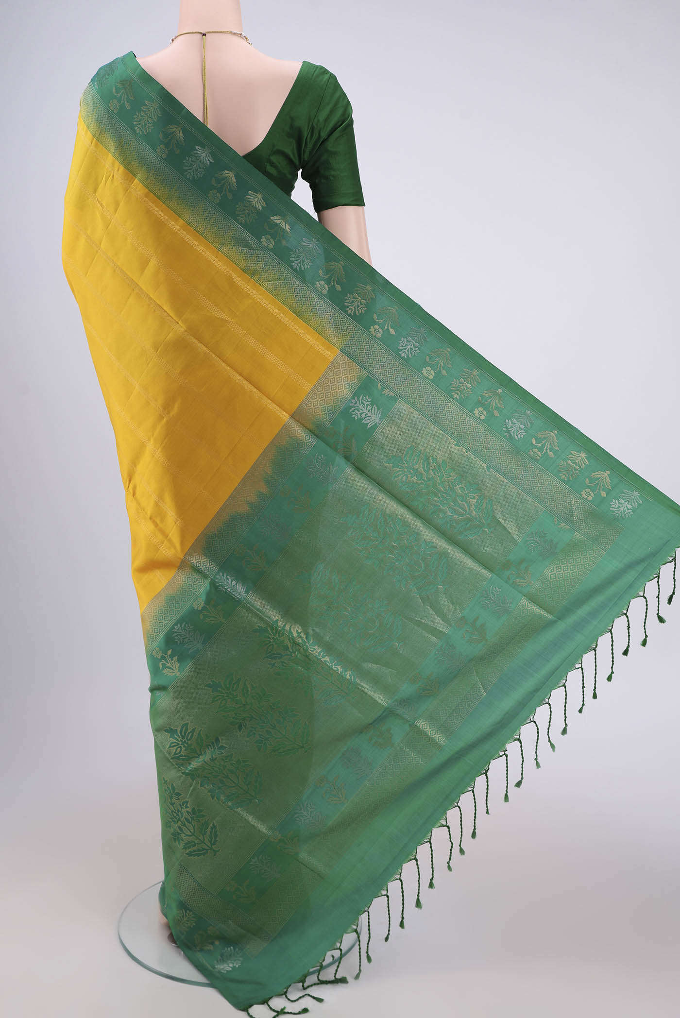 Flat view of Orange with Pink Dual Tone Soft Silk Saree with Stripes on the body and Zari Border. 