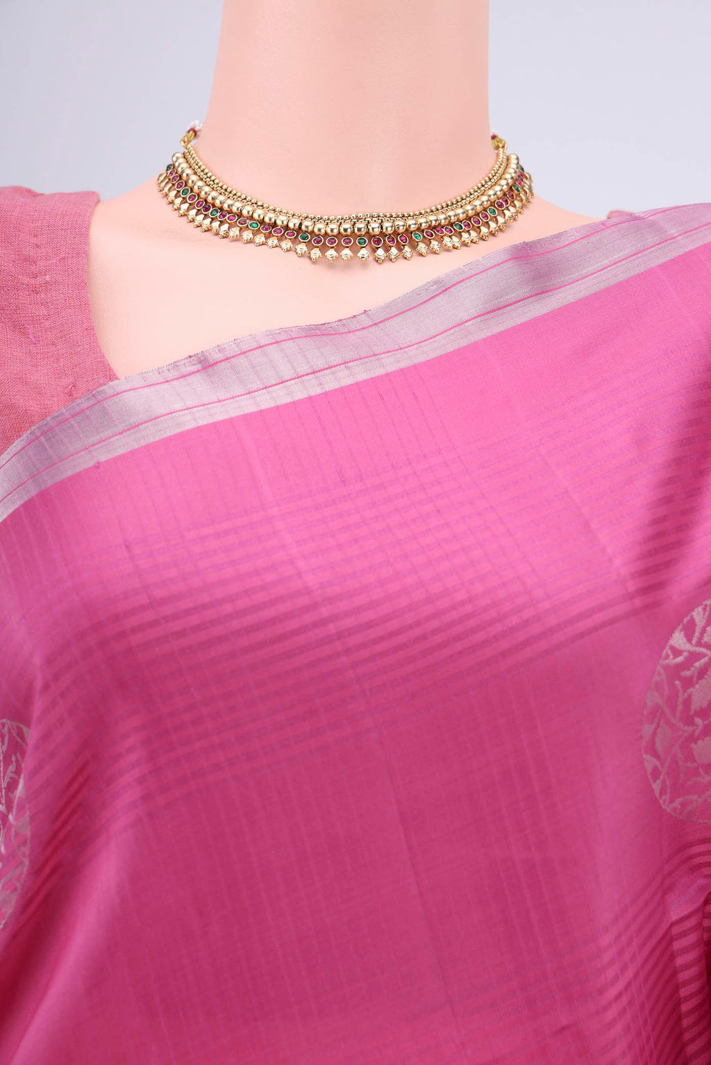 Border image of Pink Soft Silk Saree with Stripes on the body and Zari Border. 
