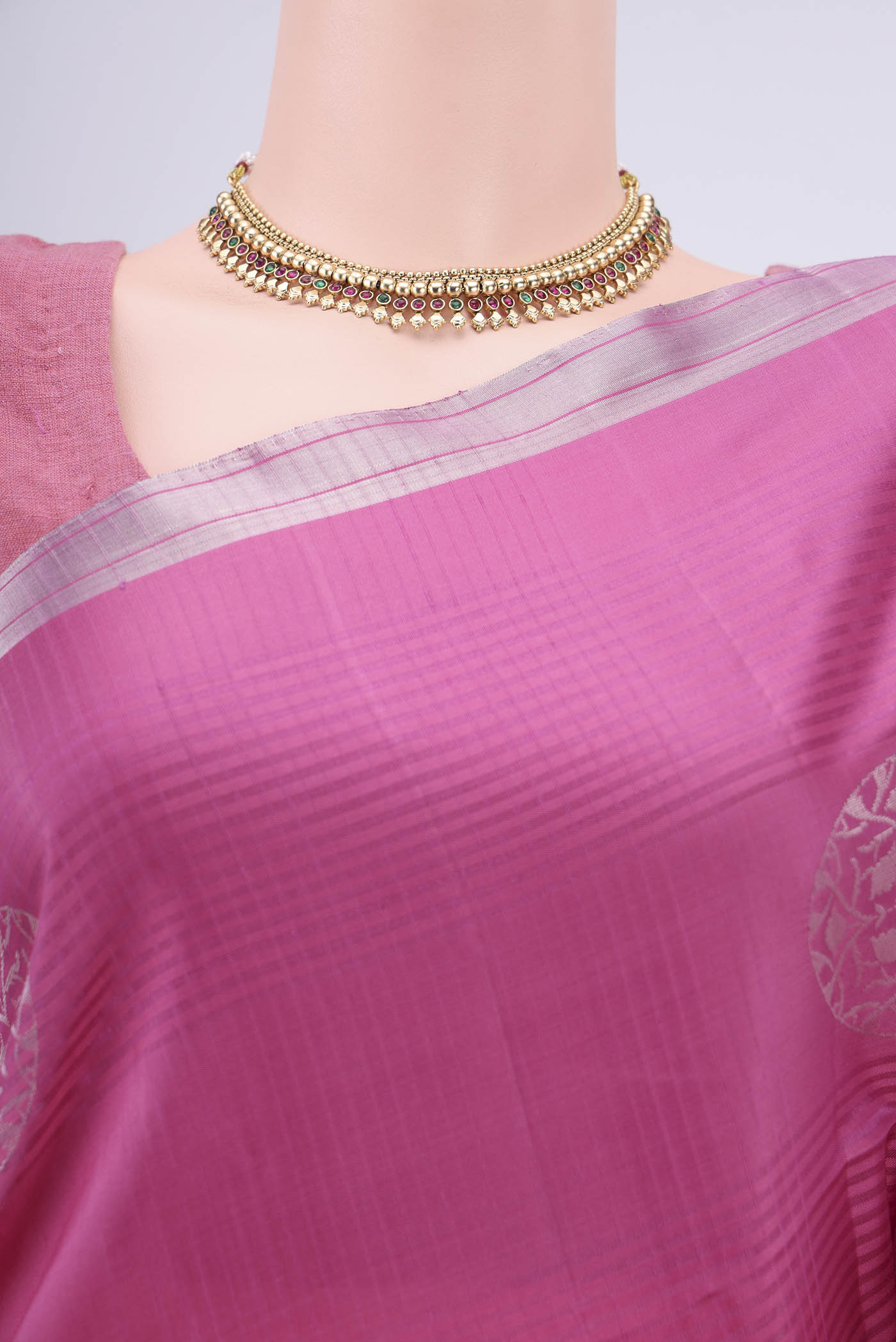 Border image of Pink Soft Silk Saree with Stripes on the body and Zari Border. 