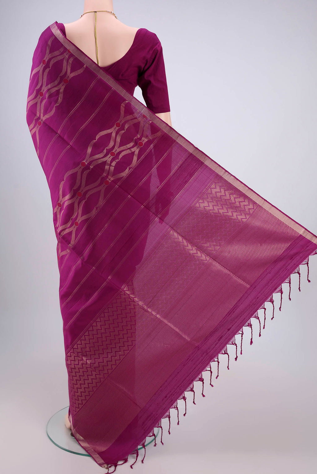 Flat view of Orange with Pink Dual Tone Soft Silk Saree with Zig Zag design on the body and Zari Border. 
