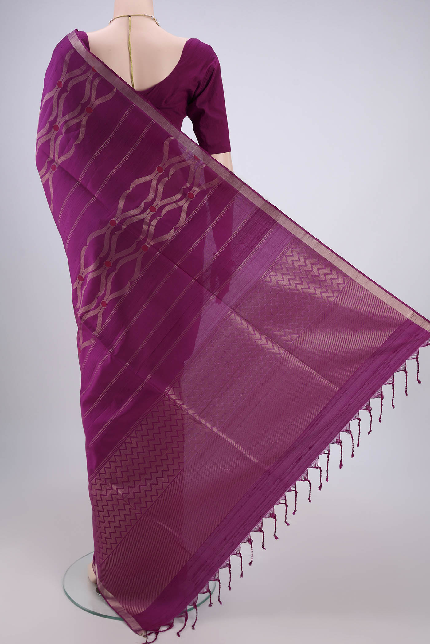 Flat view of Orange with Pink Dual Tone Soft Silk Saree with Zig Zag design on the body and Zari Border. 