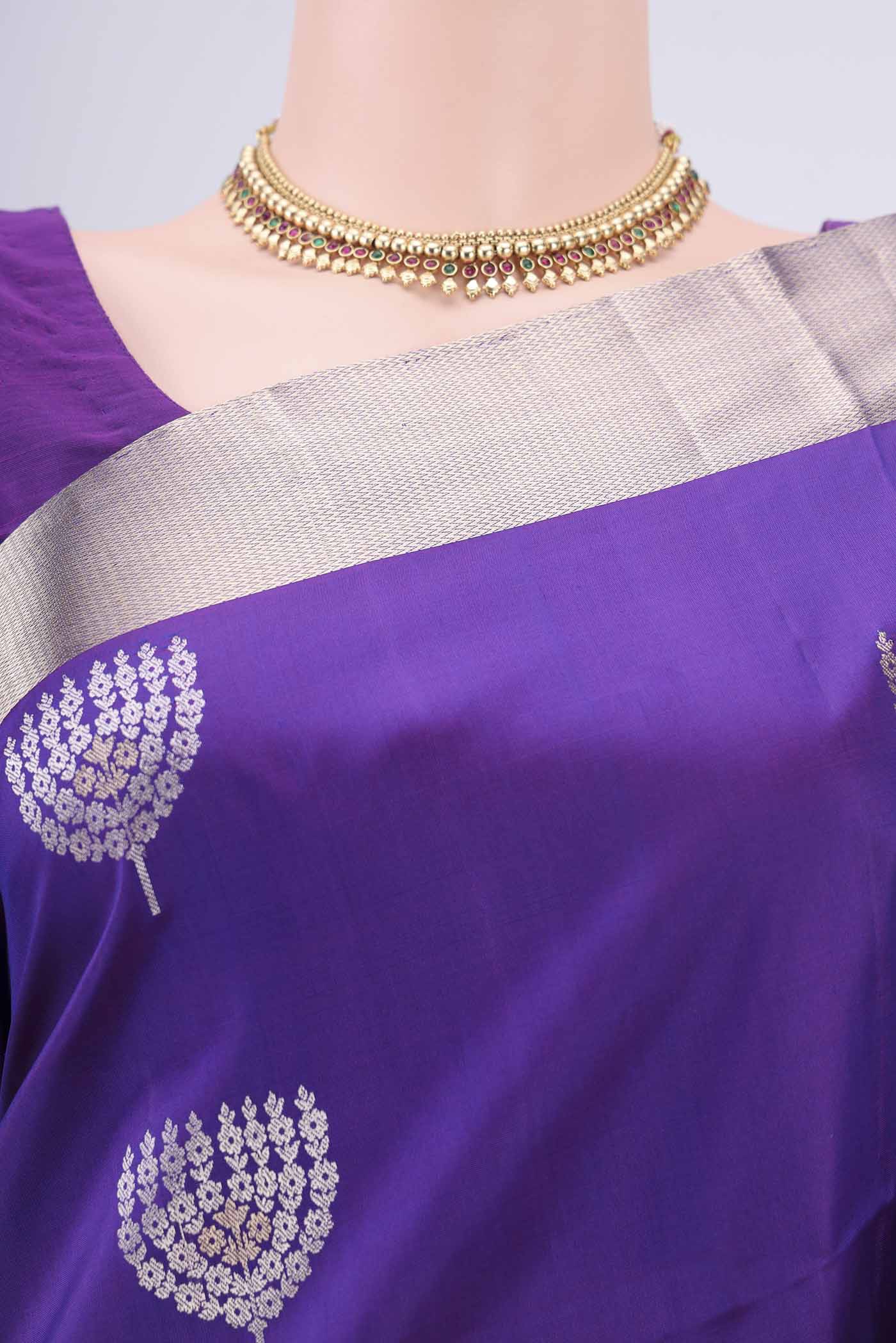 Border image of Purple Dual Tone Baluchari Silk Saree with Zari Butta on the body and Zari Border. 