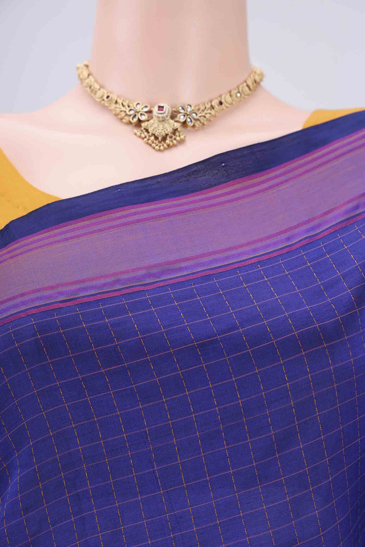 Border image of Royal Blue Blended Poly Cotton Saree with Checked design on the body and Thread Border. 