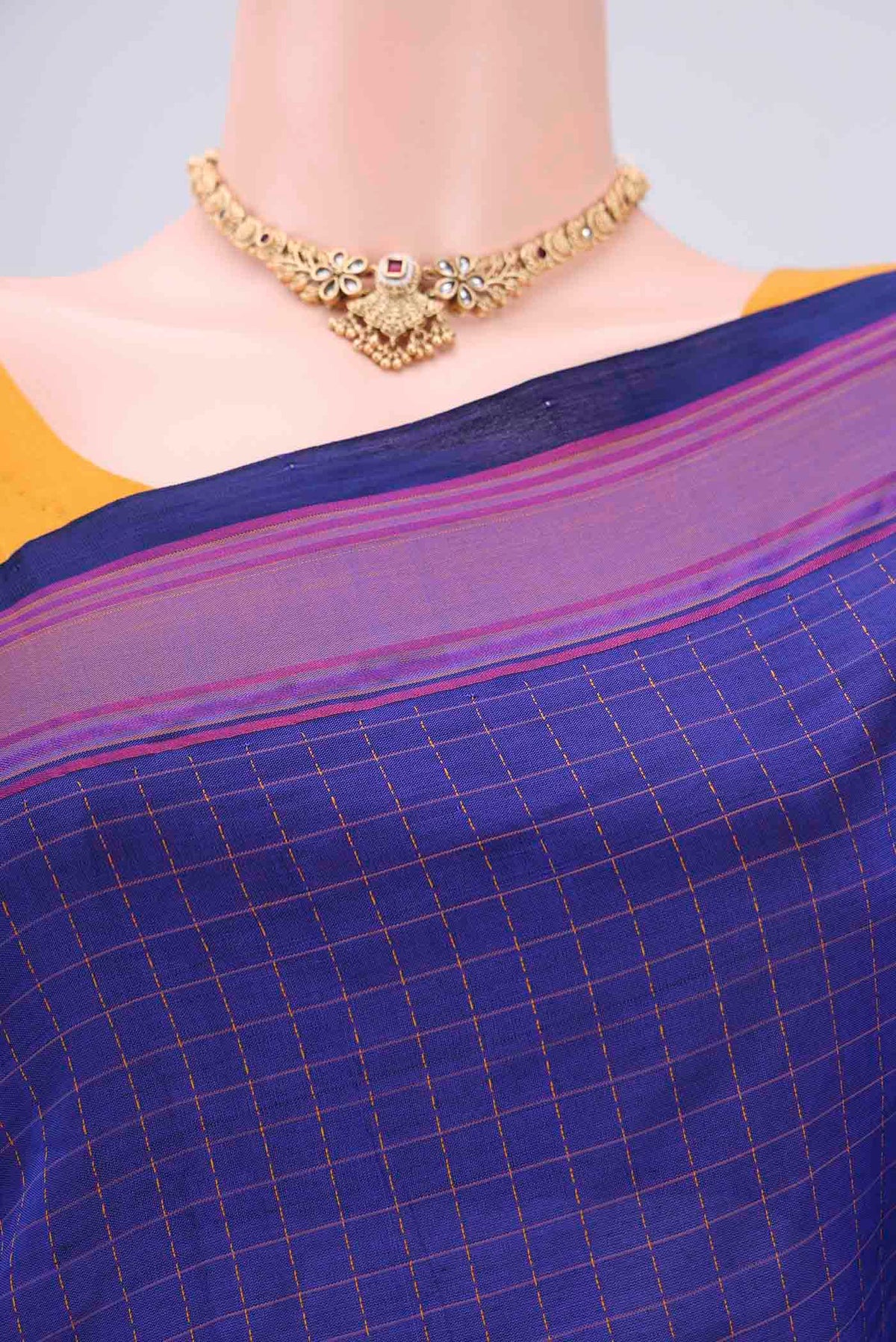 Border image of Royal Blue Blended Poly Cotton Saree with Checked design on the body and Thread Border. 