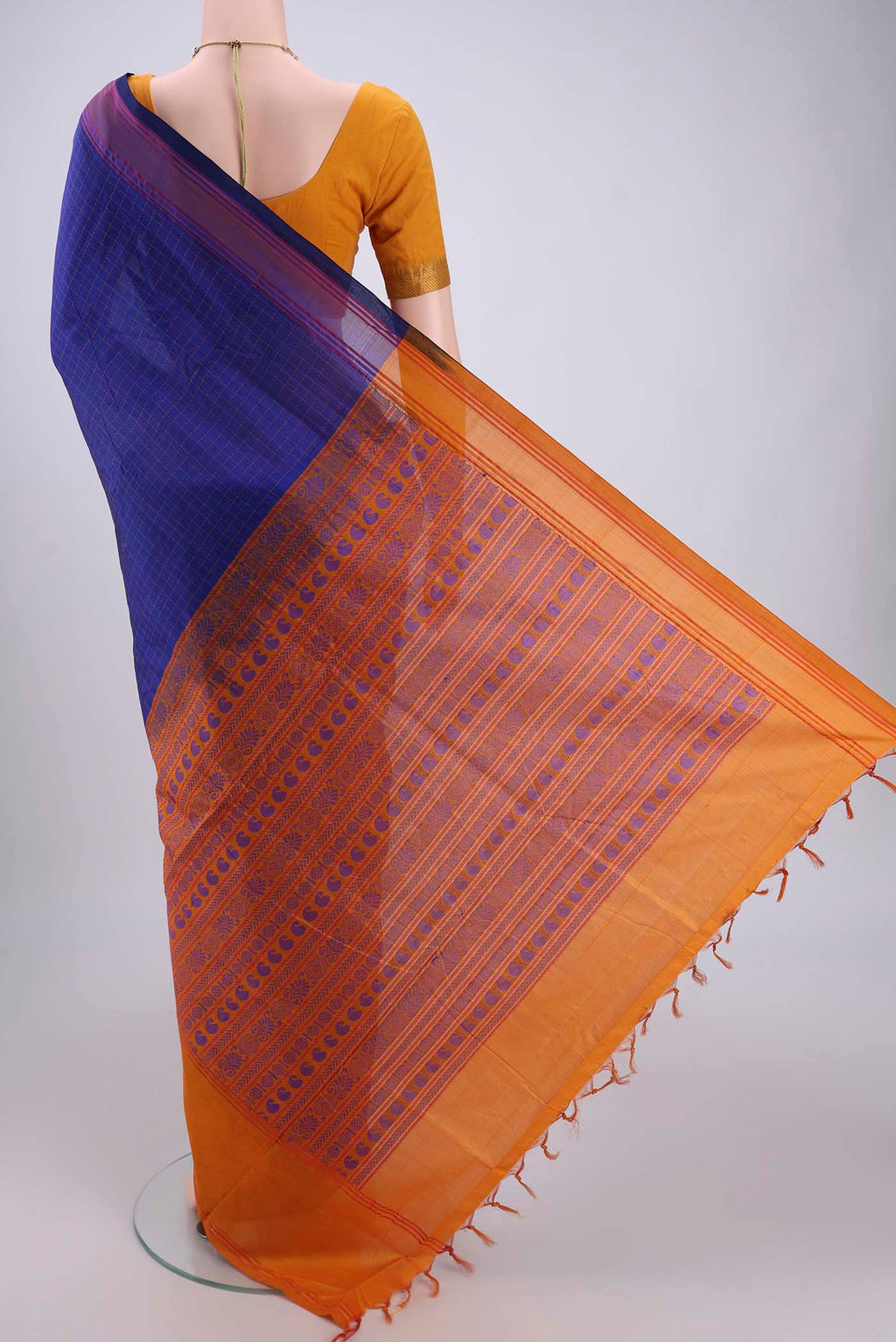 Flat view of Royal Blue Blended Poly Cotton Saree with Checked design on the body and Thread Border. 