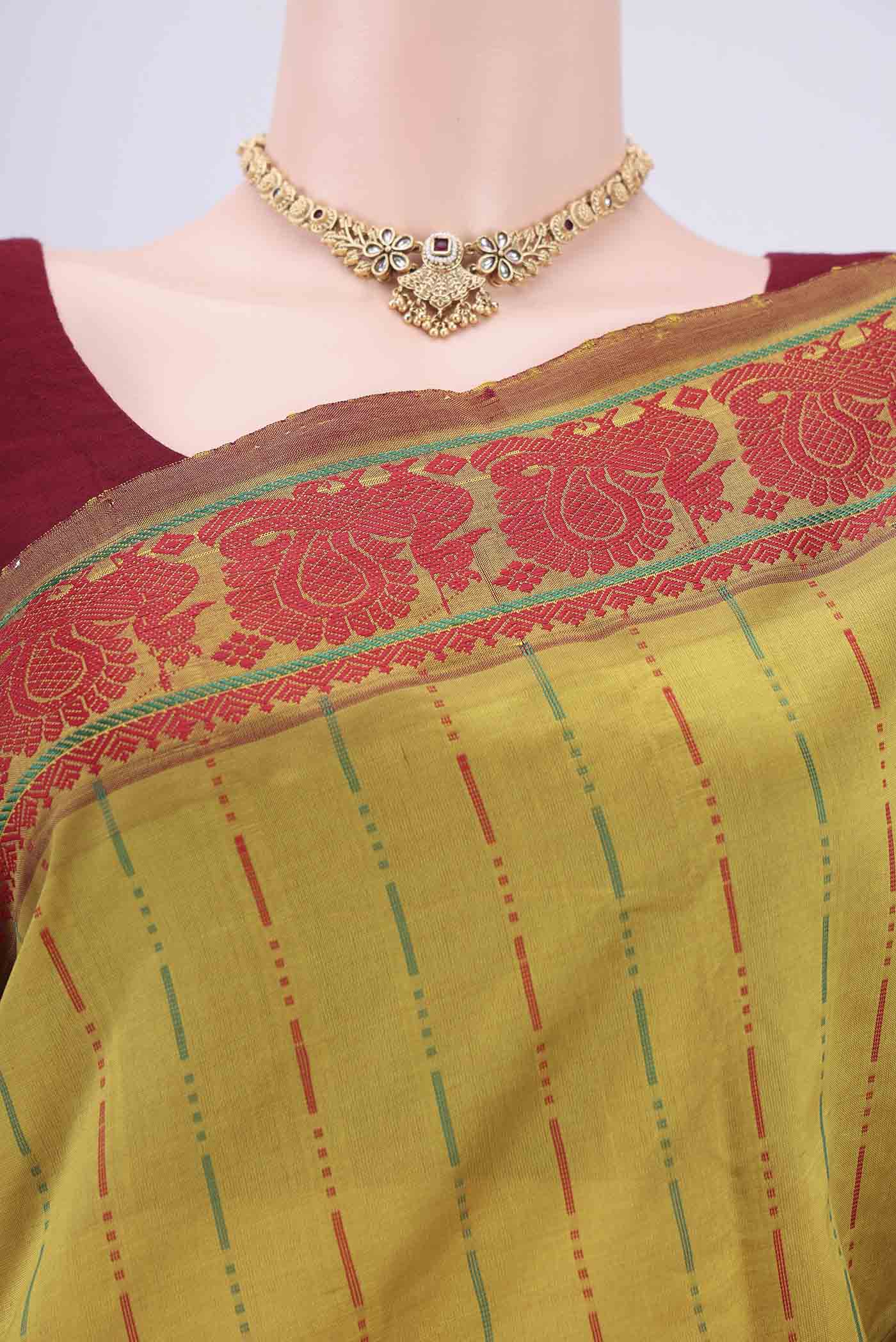 Border image of Acid Green Blended Poly Cotton Saree with Stripes on the body and Thread Border. 