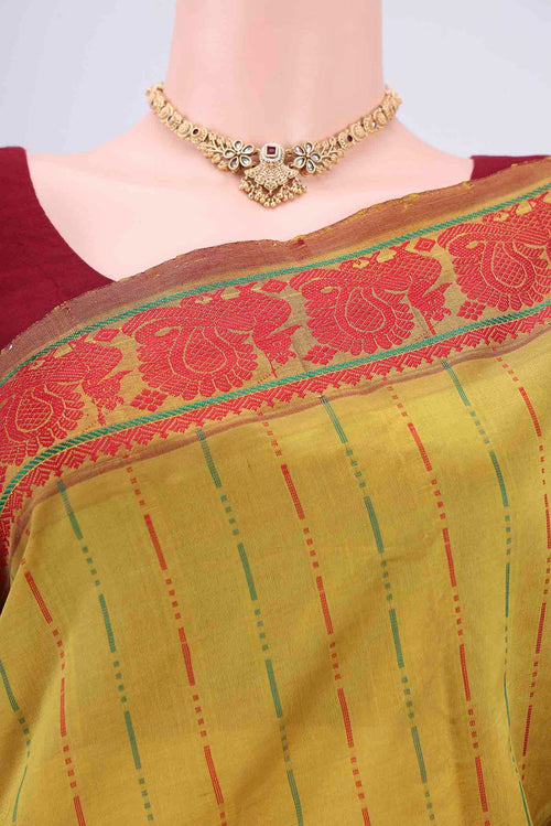 Border image of Acid Green Blended Poly Cotton Saree with Stripes on the body and Thread Border. 