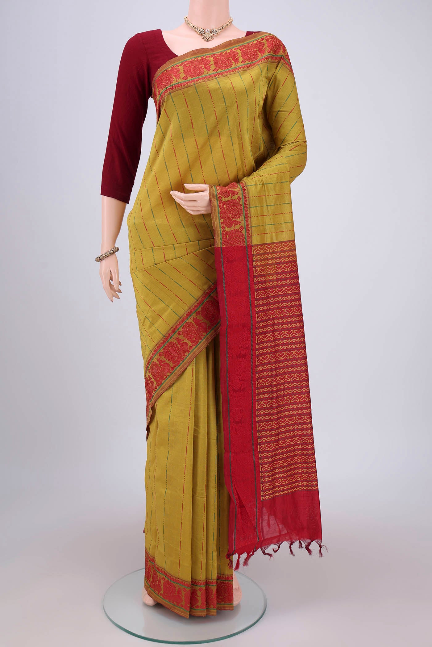 Acid Green Blended Poly Cotton Saree with Stripes on the body and Thread Border.  displayed on a mannequin