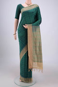 Green Blended Poly Cotton Saree with Checked design on the body and Thread Border.  displayed on a mannequin