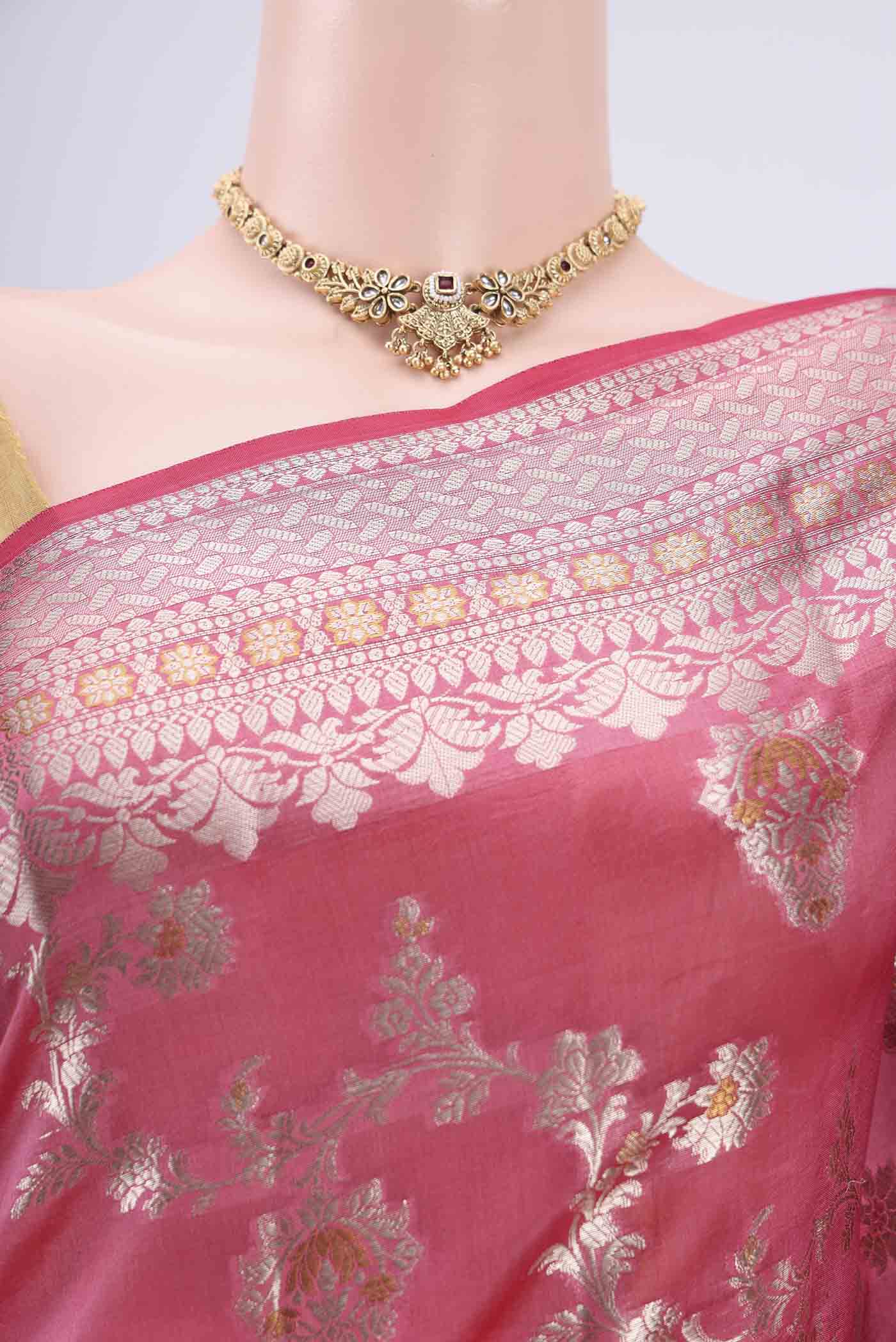 Border image of Pink Banarasi Raw Silk Saree with Zari Brocade on the body and Zari Border. 