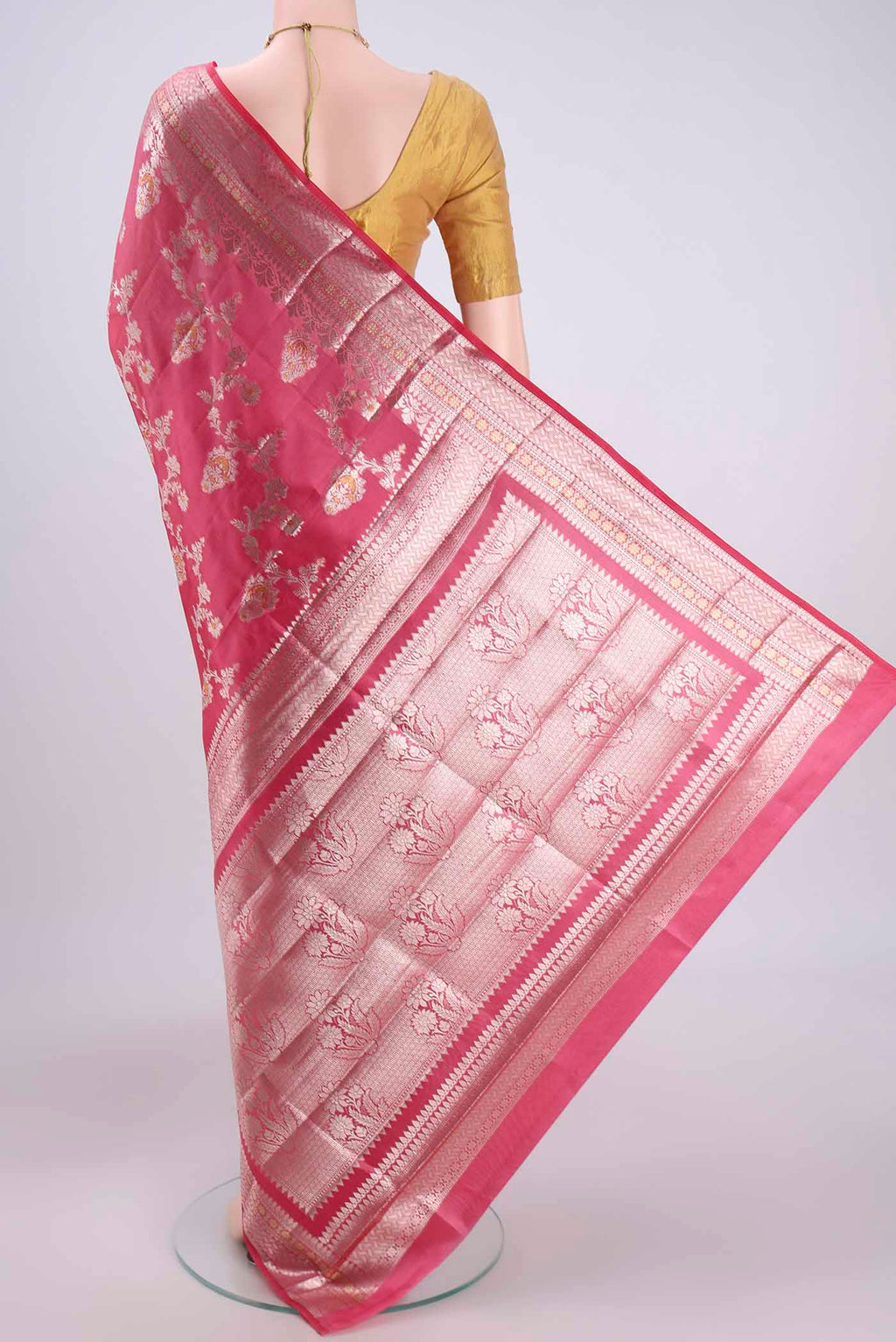 Flat view of Pink Banarasi Raw Silk Saree with Zari Brocade on the body and Zari Border. 
