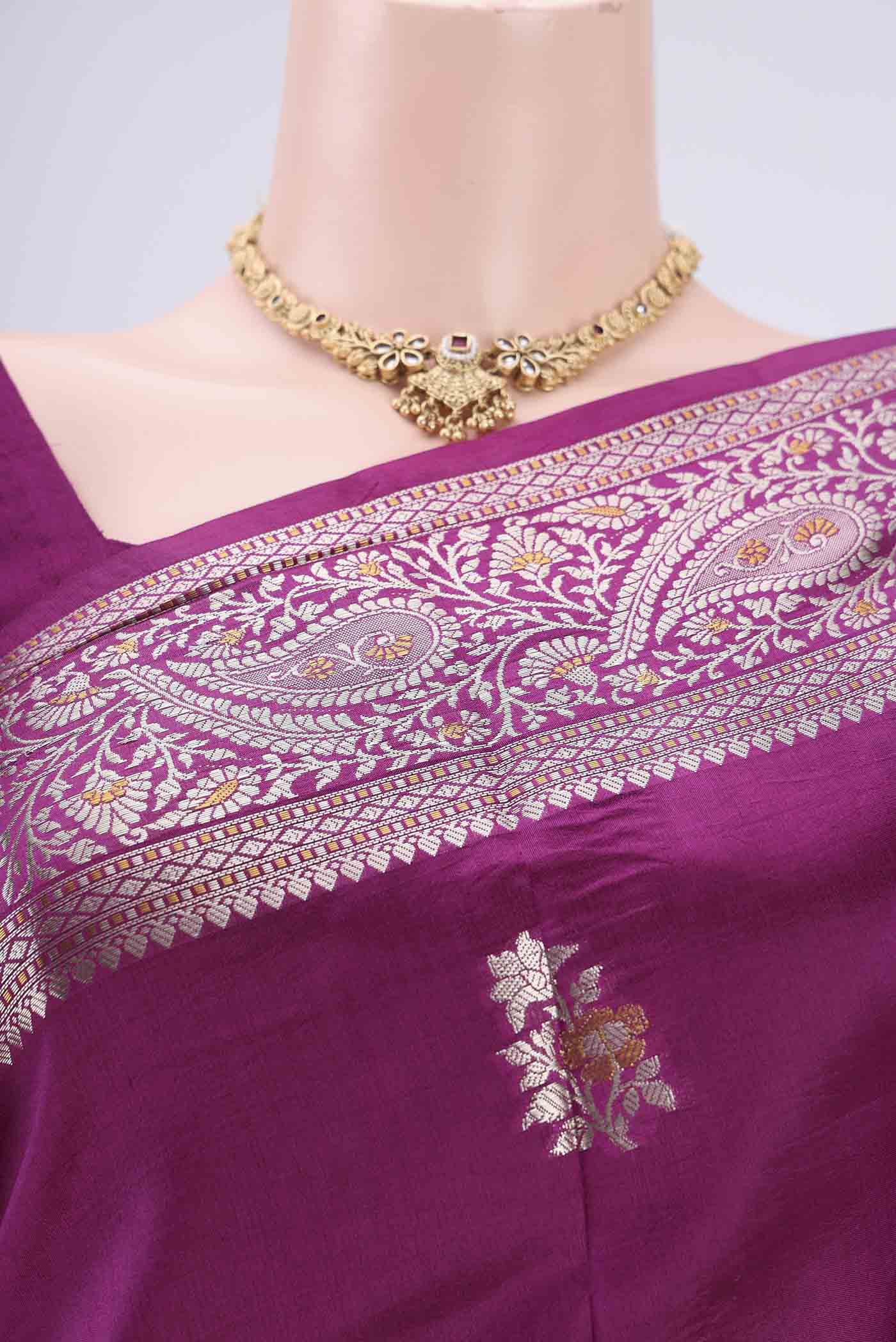 Border image of Magenta Banarasi Raw Silk Saree with Zari Brocade on the body and Zari Border. 