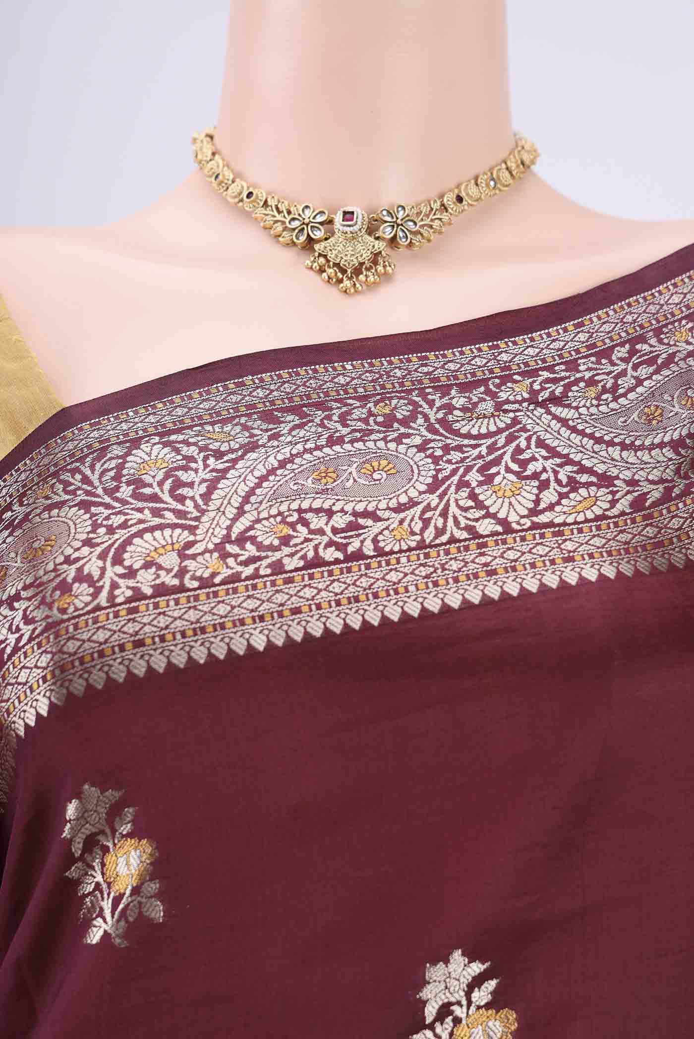 Border image of Burgundy Banarasi Raw Silk Saree with Zari Brocade on the body and Zari Border. 