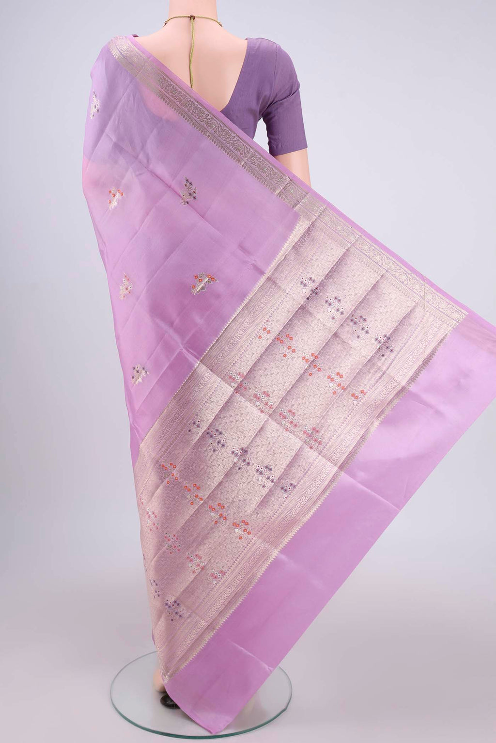 Flat view of Pink Banarasi Raw Silk Saree with Zari Butta on the body and Zari Border. 