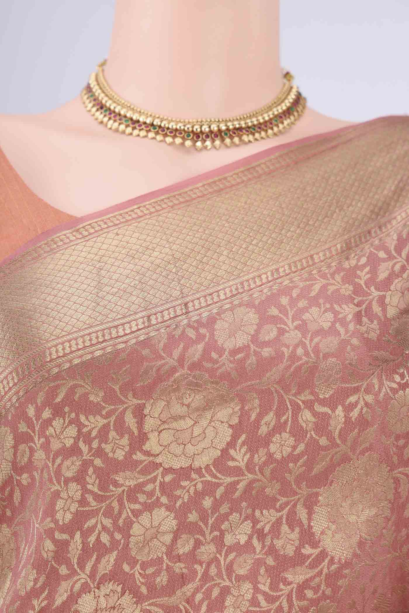 Border image of Peach Mysore Crepe Saree with Zari Brocade on the body and Zari Border. 
