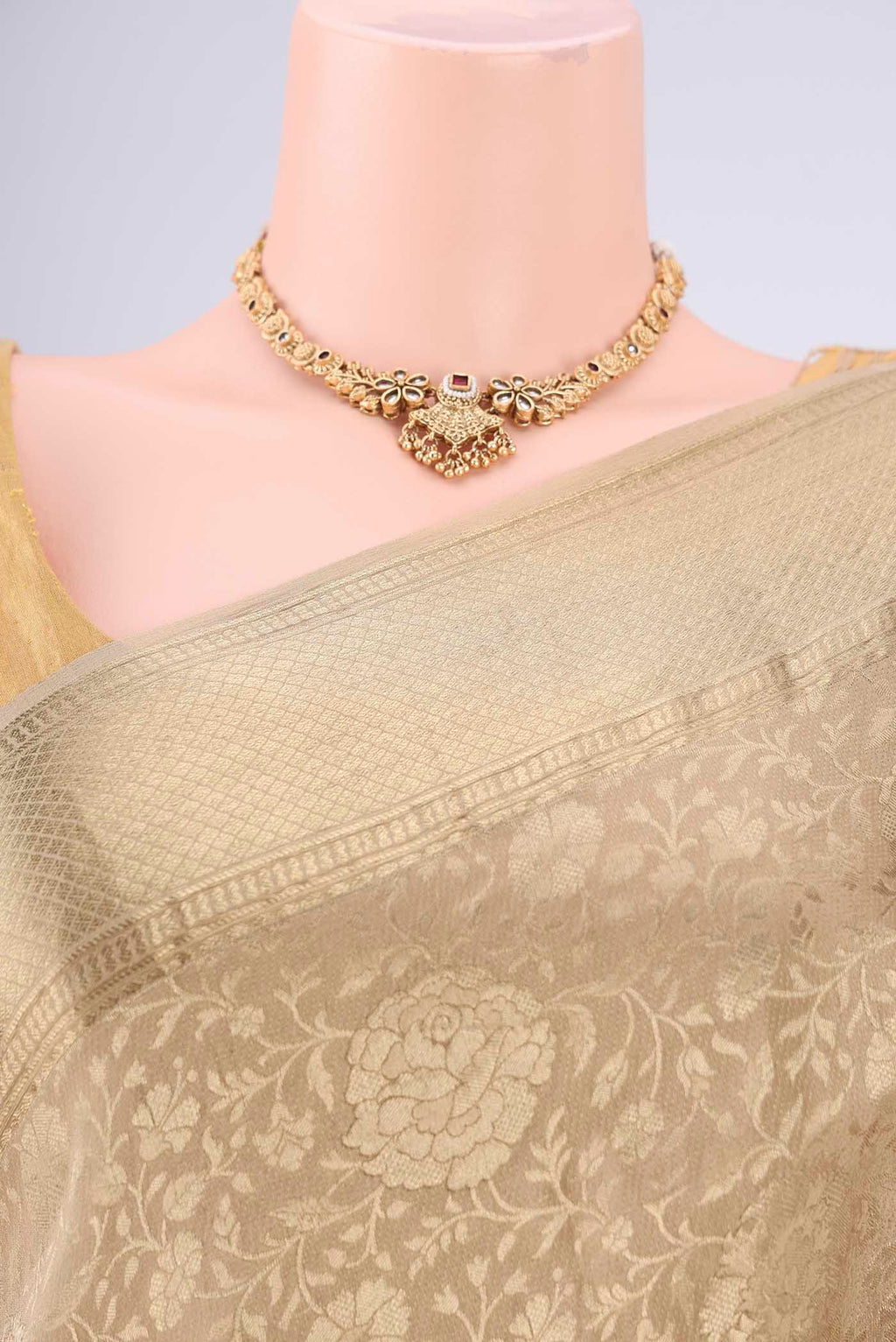 Border image of Dark Beige Mysore Crepe Saree with Zari Brocade on the body and Zari Border. 