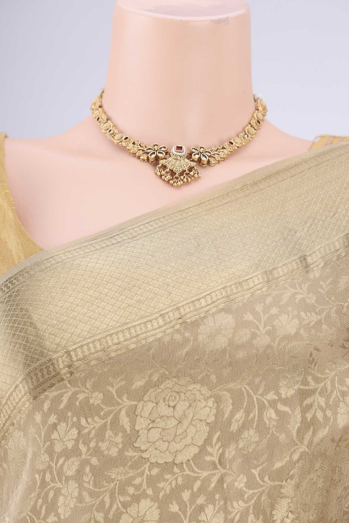 Border image of Dark Beige Mysore Crepe Saree with Zari Brocade on the body and Zari Border. 