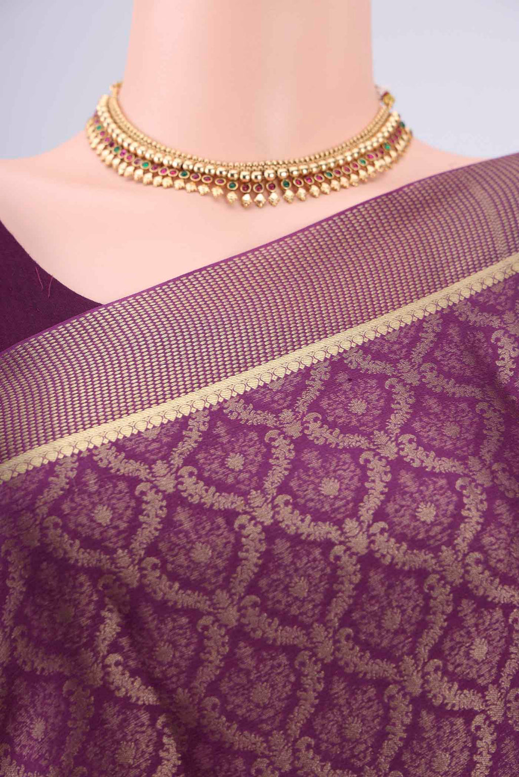 Border image of Purple Mysore Crepe Saree with Zari Brocade on the body and Zari Border. 