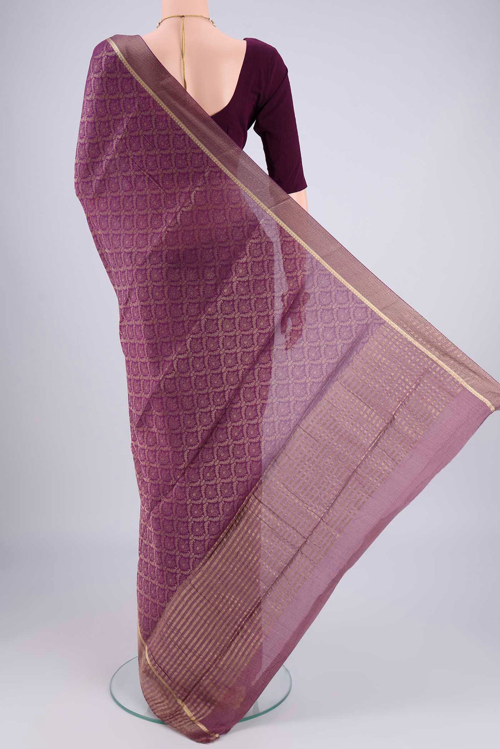 Flat view of Purple Mysore Crepe Saree with Zari Brocade on the body and Zari Border. 