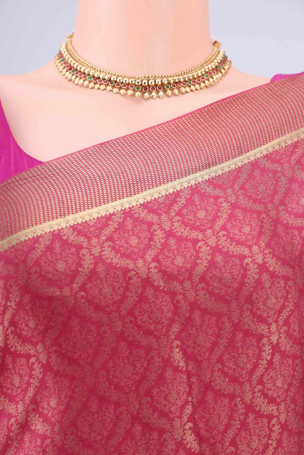 Border image of Pink Mysore Crepe Saree with Zari Brocade on the body and Zari Border. 