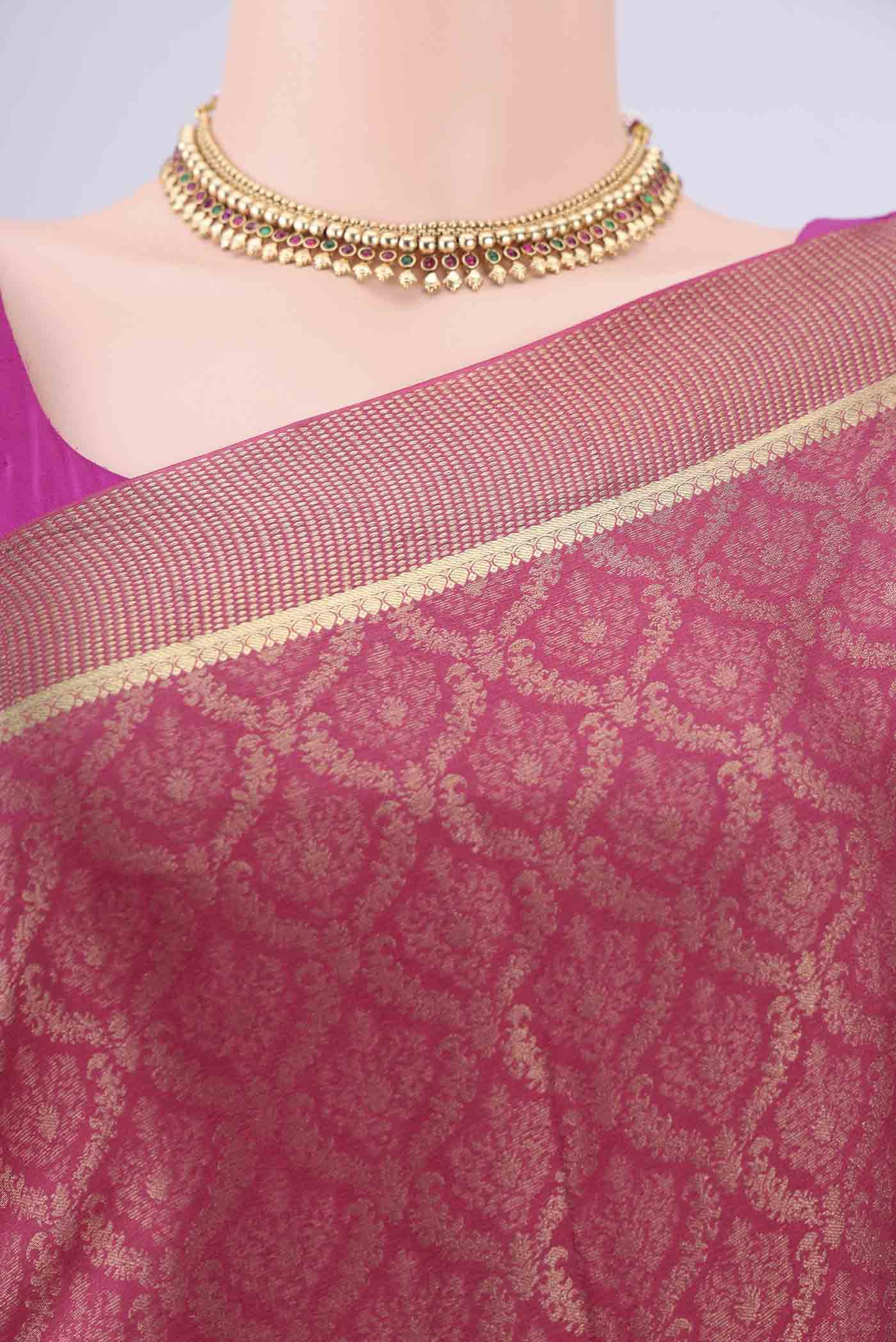 Border image of Pink Mysore Crepe Saree with Zari Brocade on the body and Zari Border. 