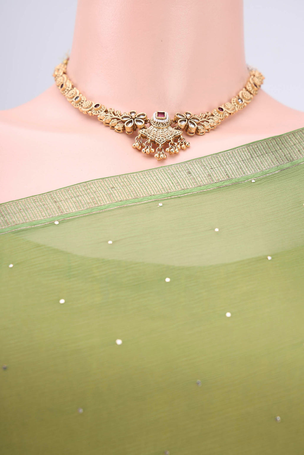 Border image of Light Green Mysore Chiffon Saree with Embroidery on the body and Zari Border. 