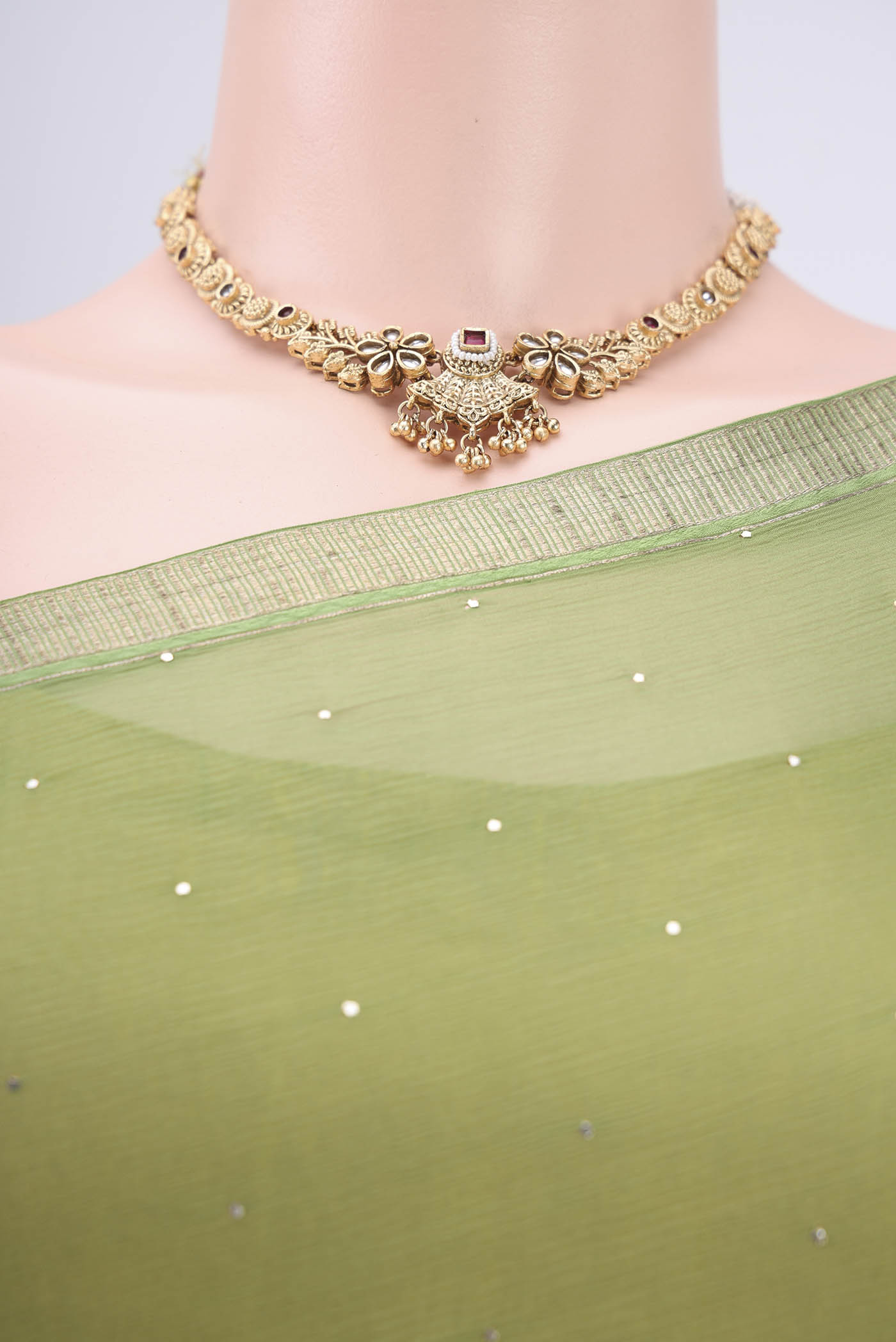 Border image of Light Green Mysore Chiffon Saree with Embroidery on the body and Zari Border. 