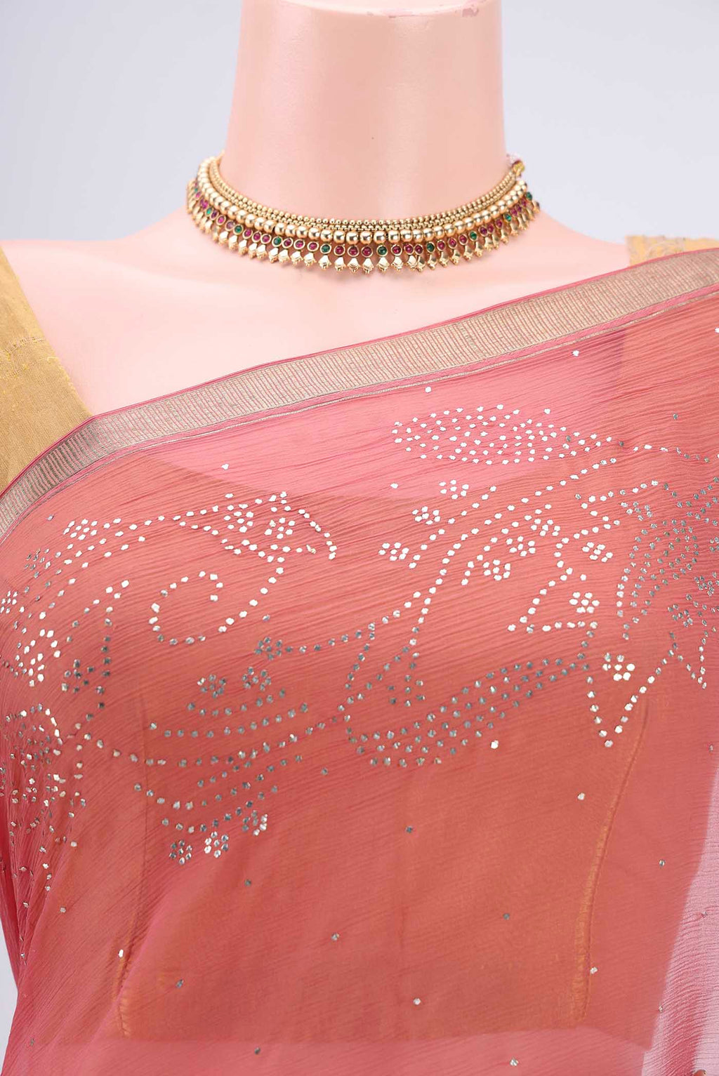 Border image of Rose Gold Dual Tone Mysore Chiffon Saree with Embroidery on the body and Zari Border. 