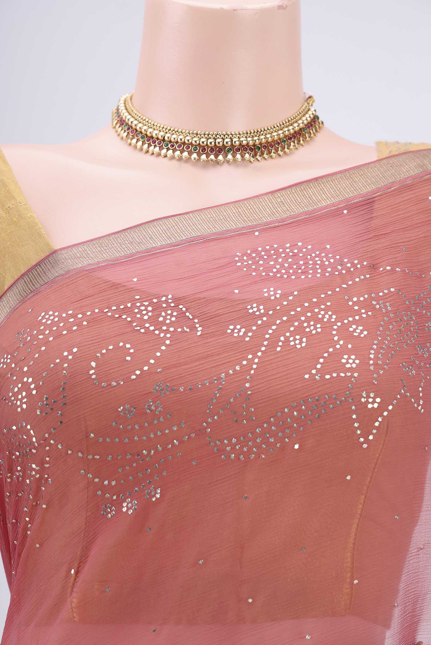 Border image of Rose Gold Dual Tone Mysore Chiffon Saree with Embroidery on the body and Zari Border. 