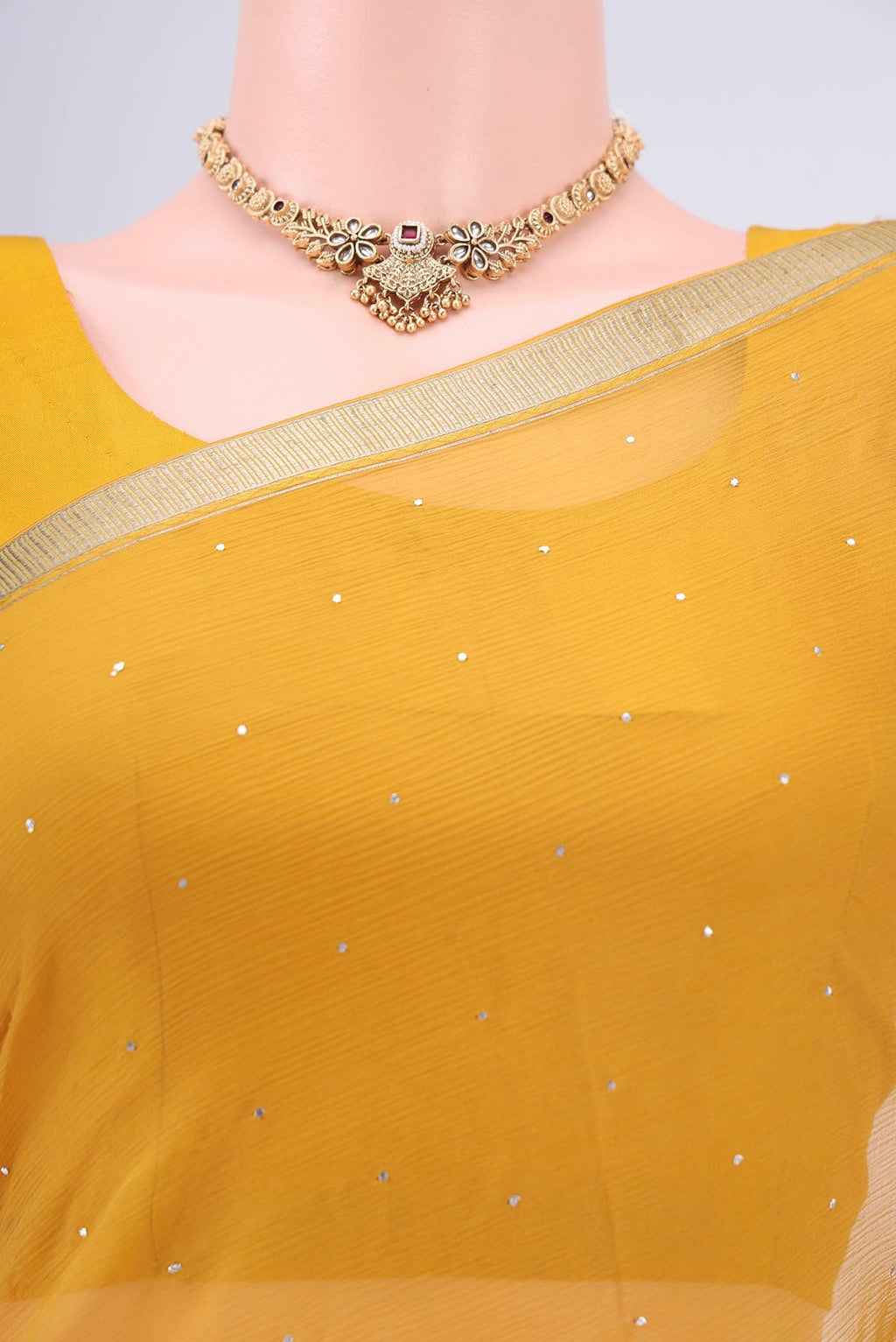 Border image of Yellow Dual Tone Mysore Chiffon Saree with Embroidery on the body and Zari Border. 
